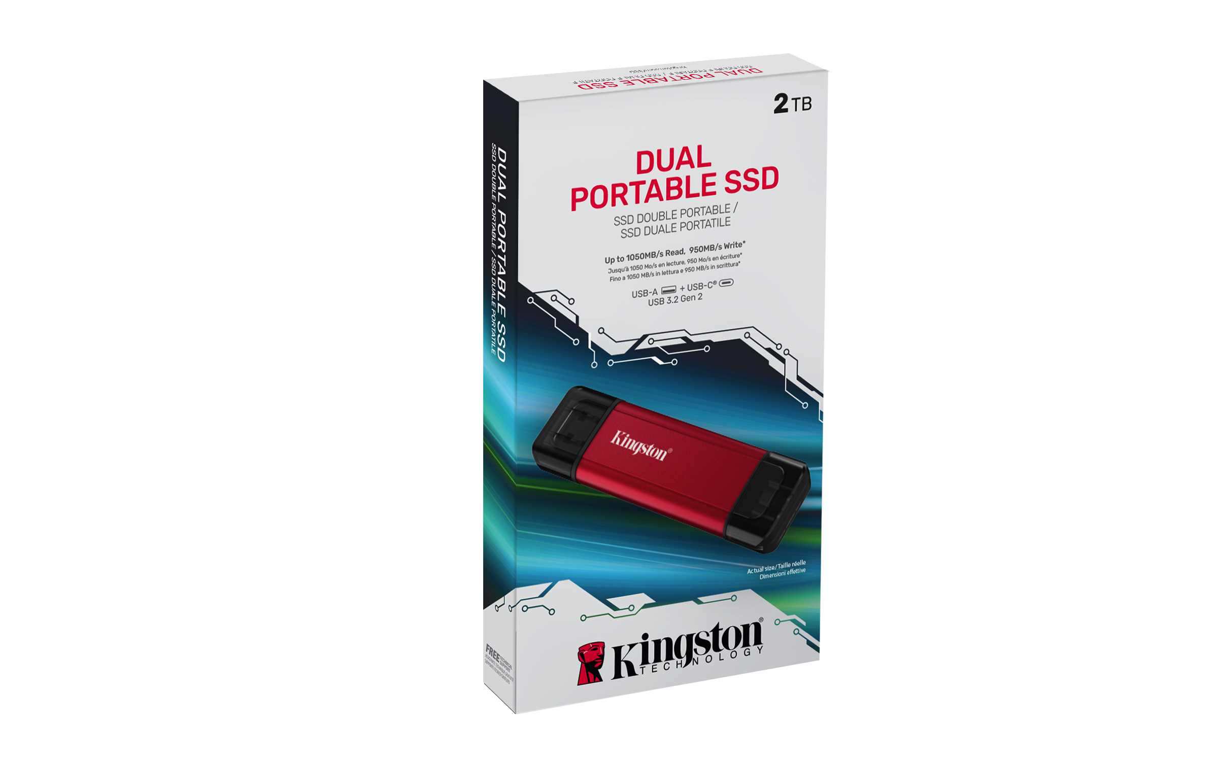 Eine Kingston Dual Portable SSD-Box. Rote SSD vorne, weiße Box mit Text und Kingston-Logo. 2TB Kapazität.
