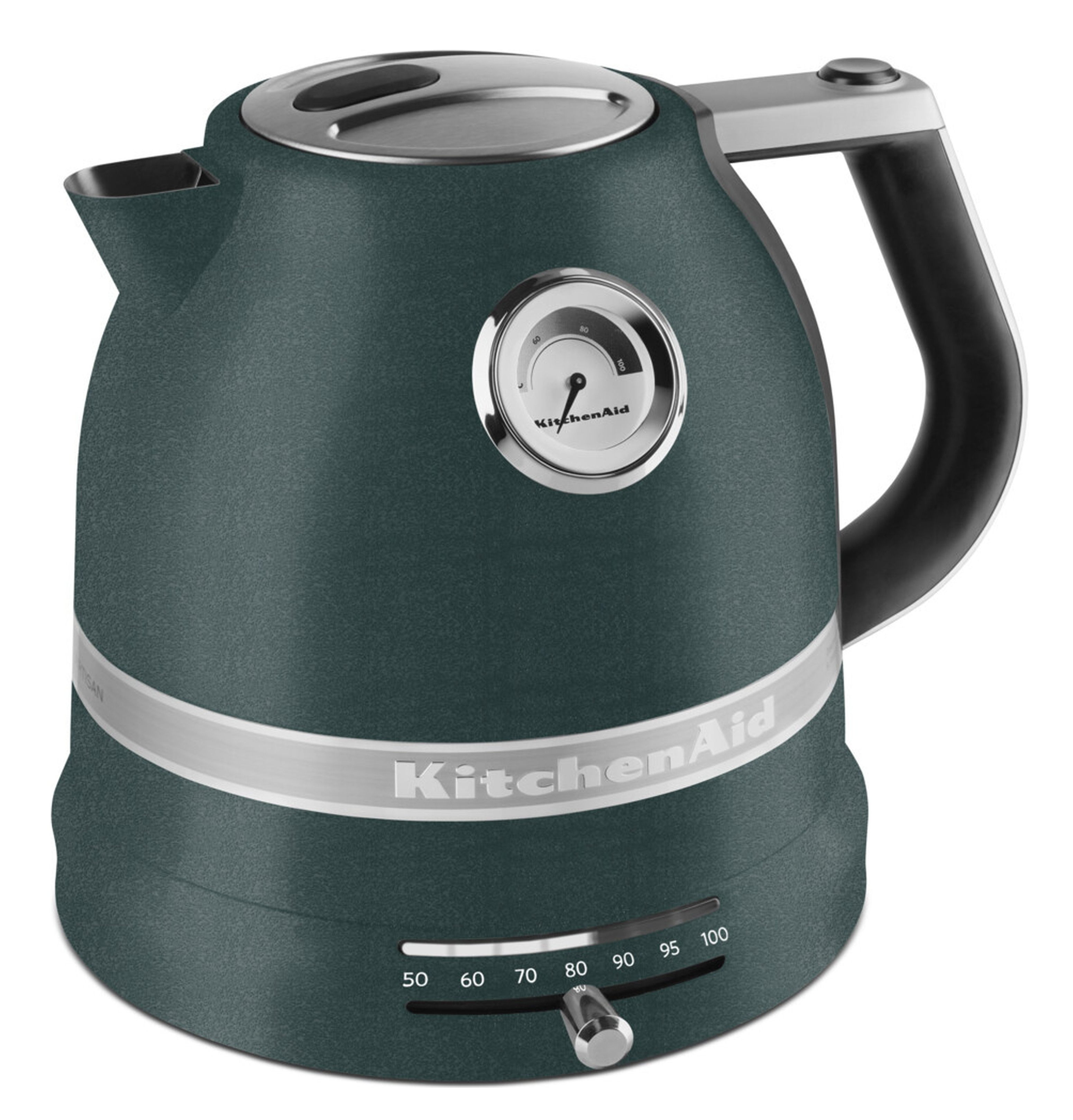 Ein tealfarbener elektrischer Wasserkocher von KitchenAid mit Temperaturanzeige, silbernen Akzenten und einem schwarzen Griff.