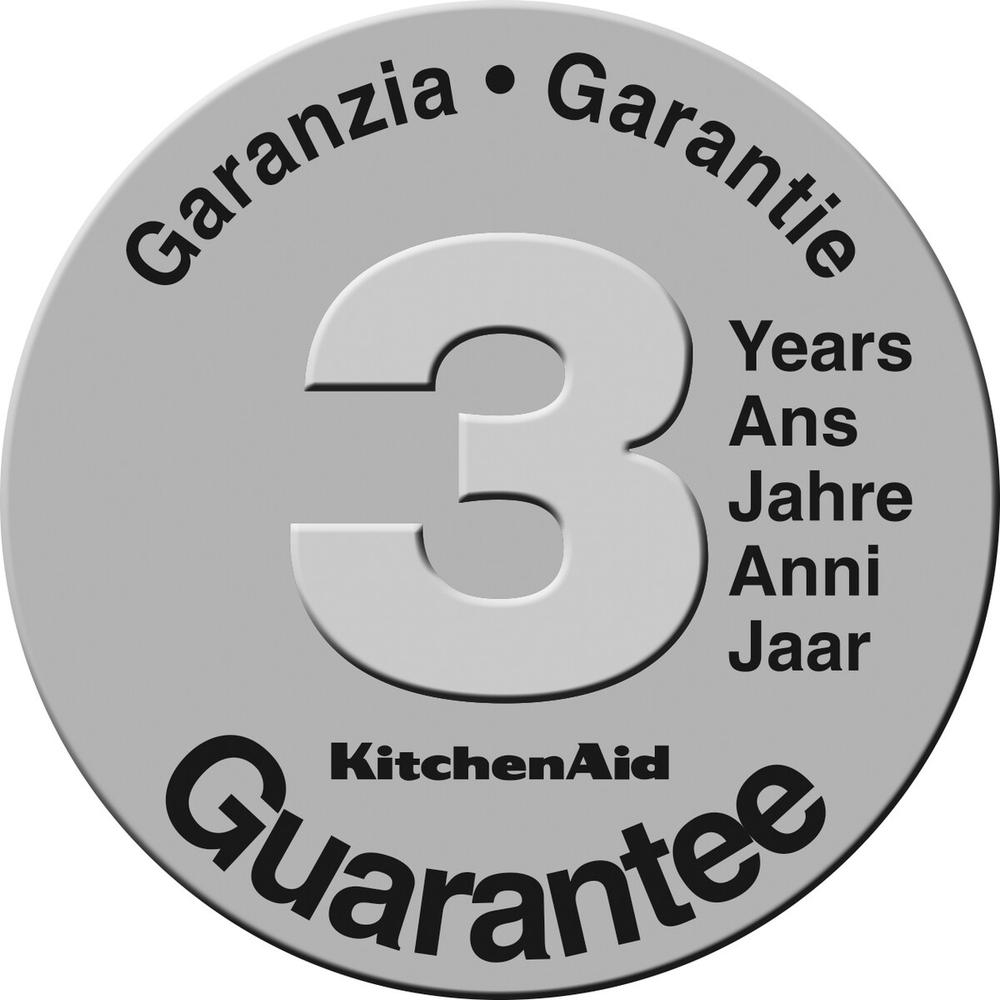 Ein graues KitchenAid-Garantieemblem. Es hat eine große Zahl 3, mit dem Wort 'Garantie' und Übersetzungen für 'Jahre'.
