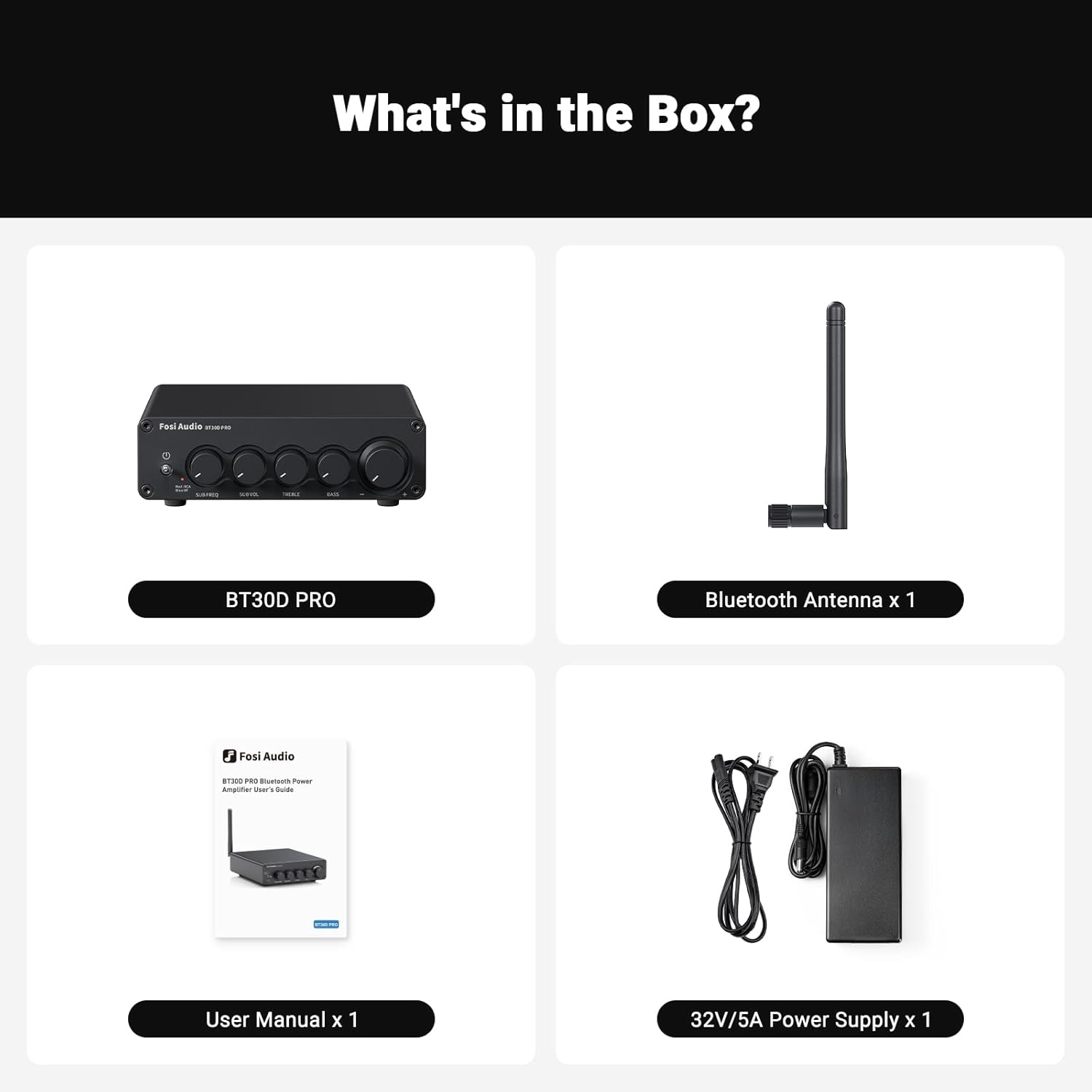 L'image montre le contenu d'une boîte : amplificateur BT30D PRO, antenne Bluetooth, manuel d'utilisation et une alimentation 32V/5A.
