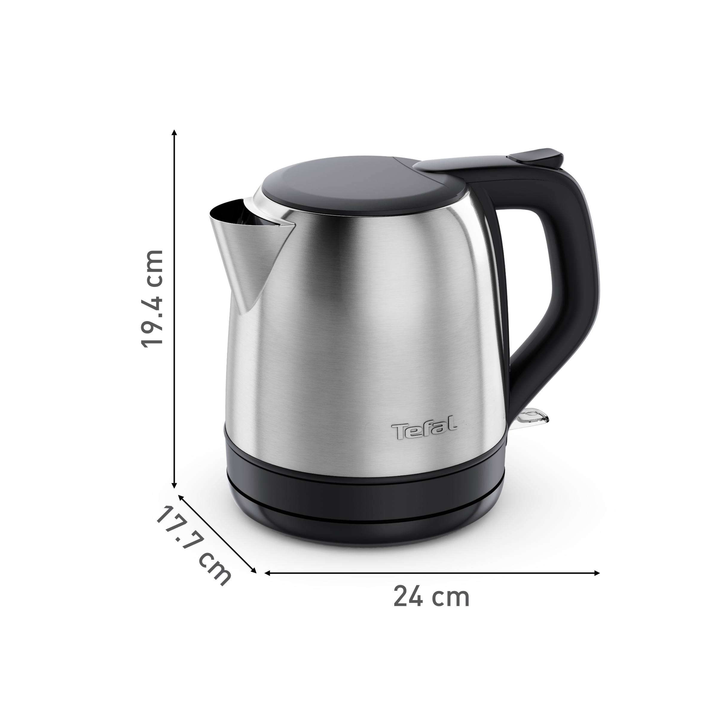 Ein Edelstahl-Tefal-Wasserkocher. Er hat einen schwarzen Griff und Boden. Abmessungen: 19,4 cm hoch, 17,7 cm breit, 24 cm lang.