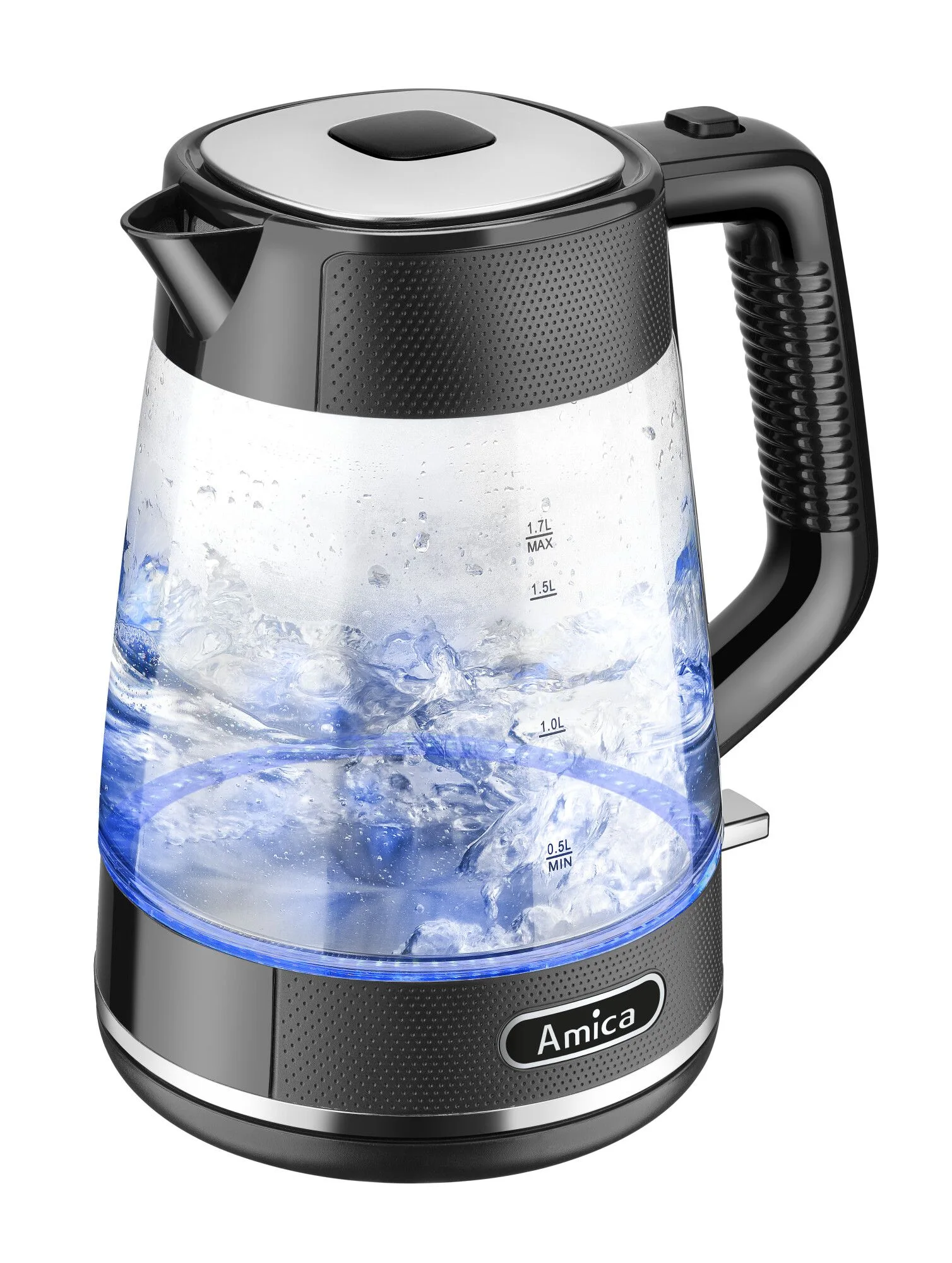 Ein moderner Wasserkocher mit kochendem Wasser. Er hat einen schwarzen Griff und Boden, einen transparenten Glaskörper und einen silbernen Deckel.