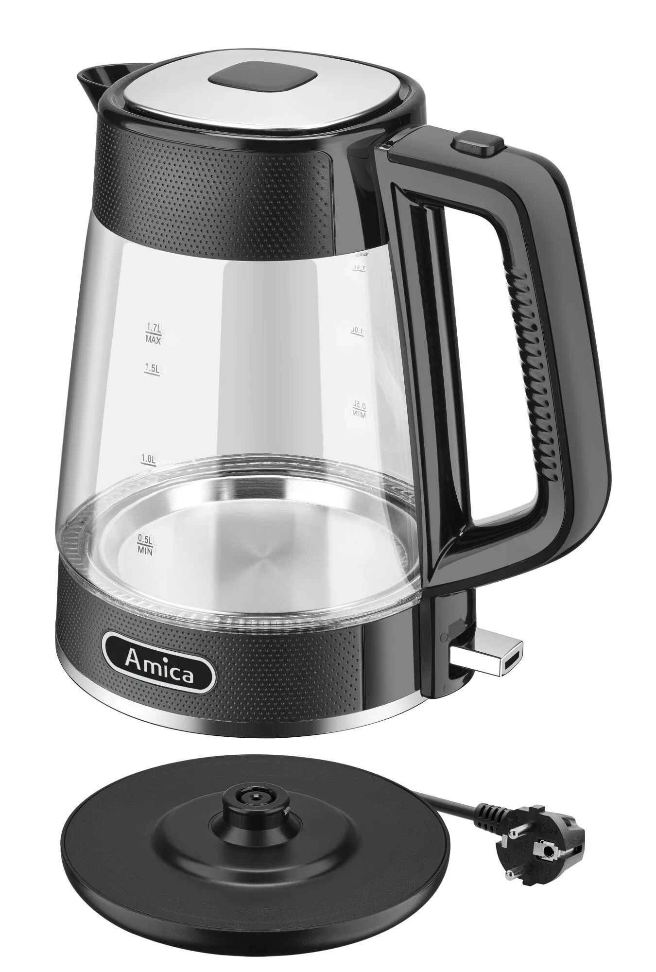 Ein moderner Wasserkocher, hauptsächlich schwarz und transparentes Glas. Er steht auf einem schwarzen Sockel mit Netzkabel und Stecker.