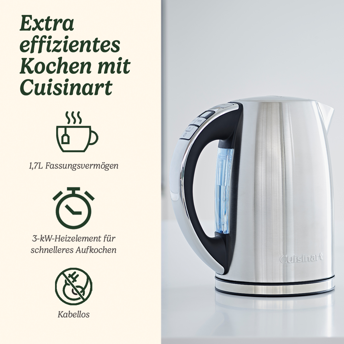 Ein Edelstahl-Cuisinart-Kessel steht auf einer weißen Oberfläche. Text beschreibt Merkmale: 1,7L Fassungsvermögen, schnelles Aufheizen, kabellos.
