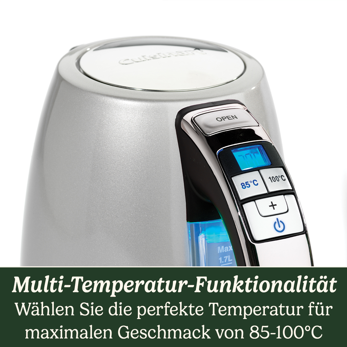 Silberner Wasserkocher mit Bedienfeld. Text wirbt für Multi-Temperatur-Funktion für optimalen Geschmack.