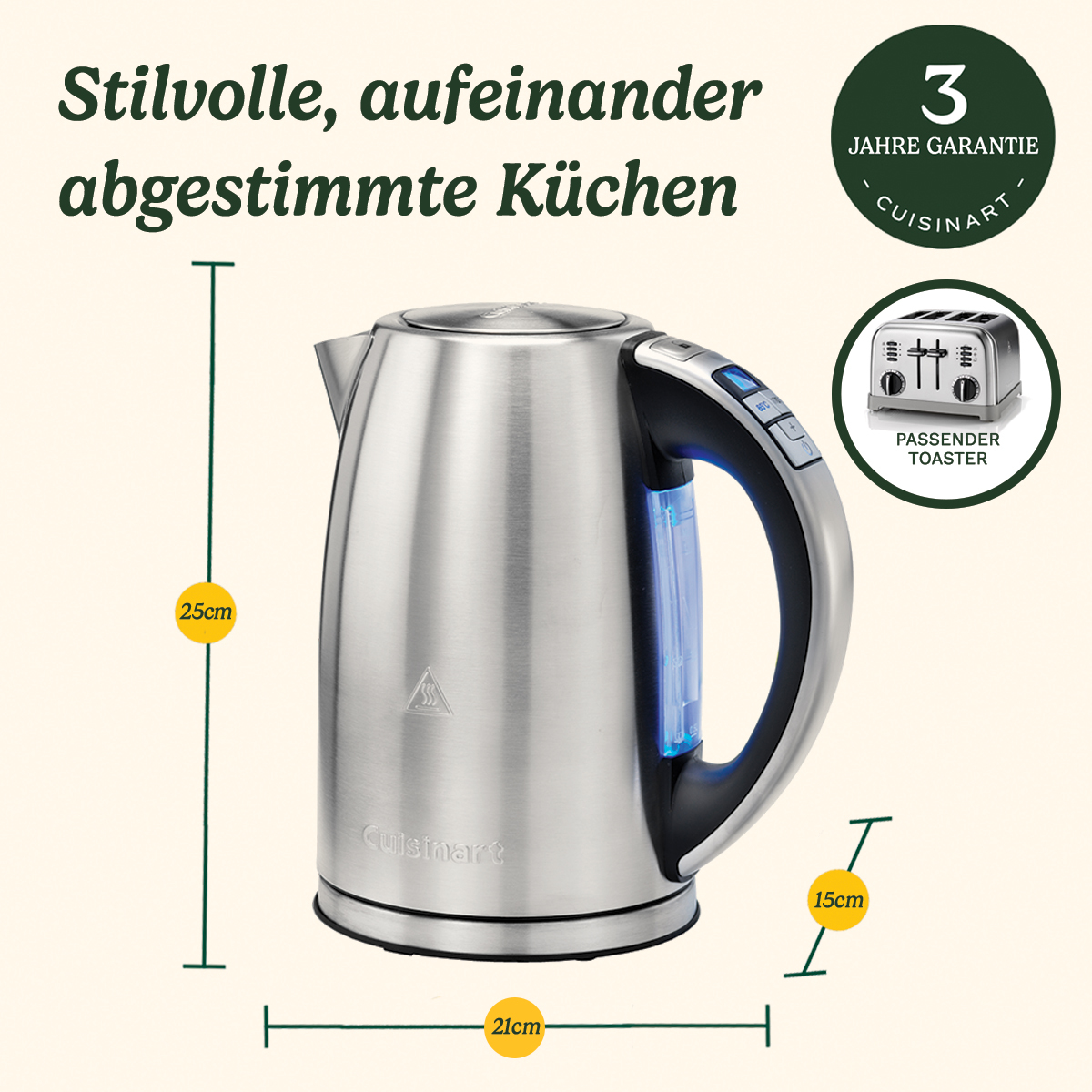 Ein Edelstahl-Cuisinart-Wasserkocher mit schwarzem Griff, blauem Licht und einem Toaster-Bild. Abmessungen sind angegeben.