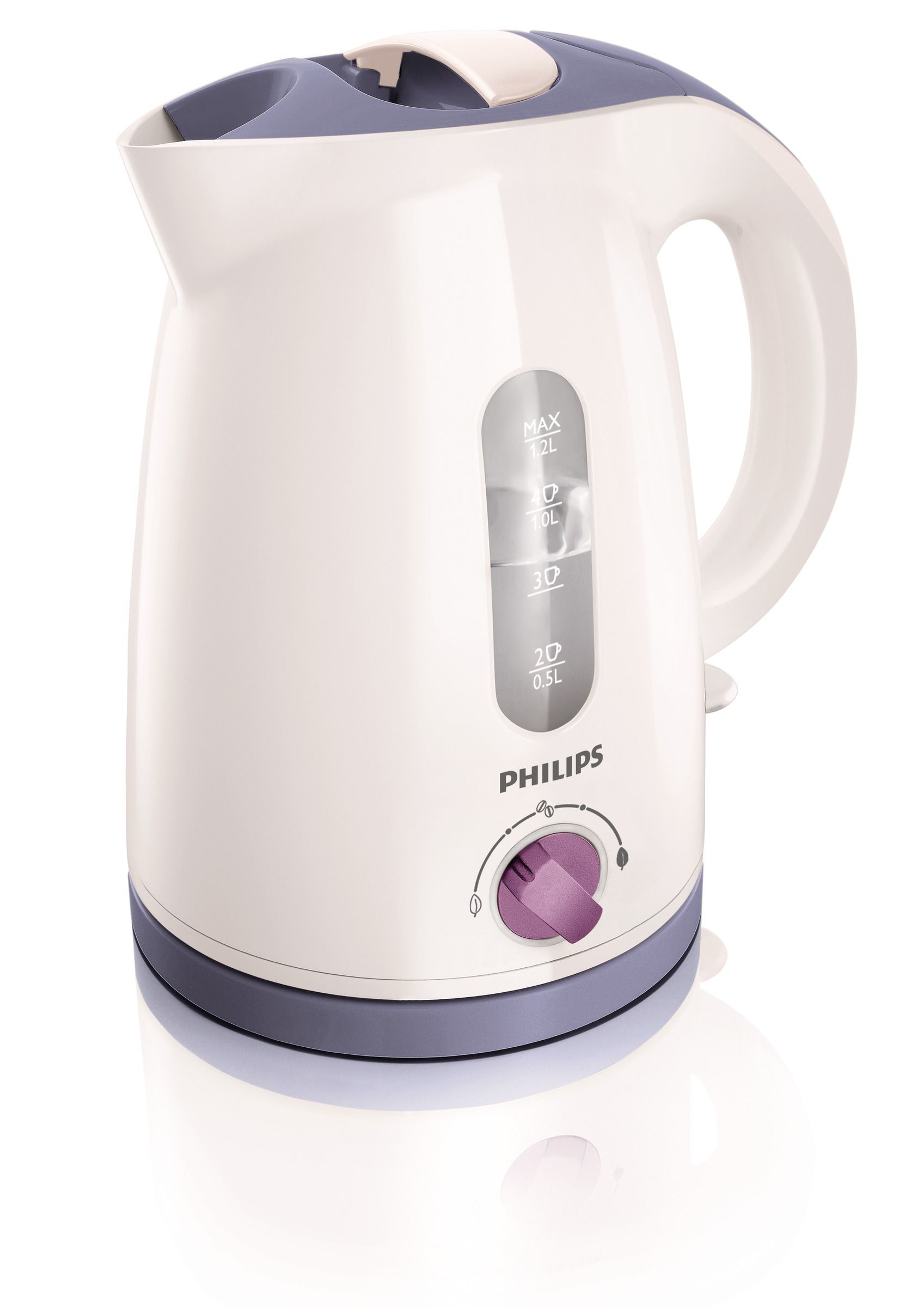 Bollitore elettrico Philips bianco e viola. Con indicatore livello, manopola viola e manico.