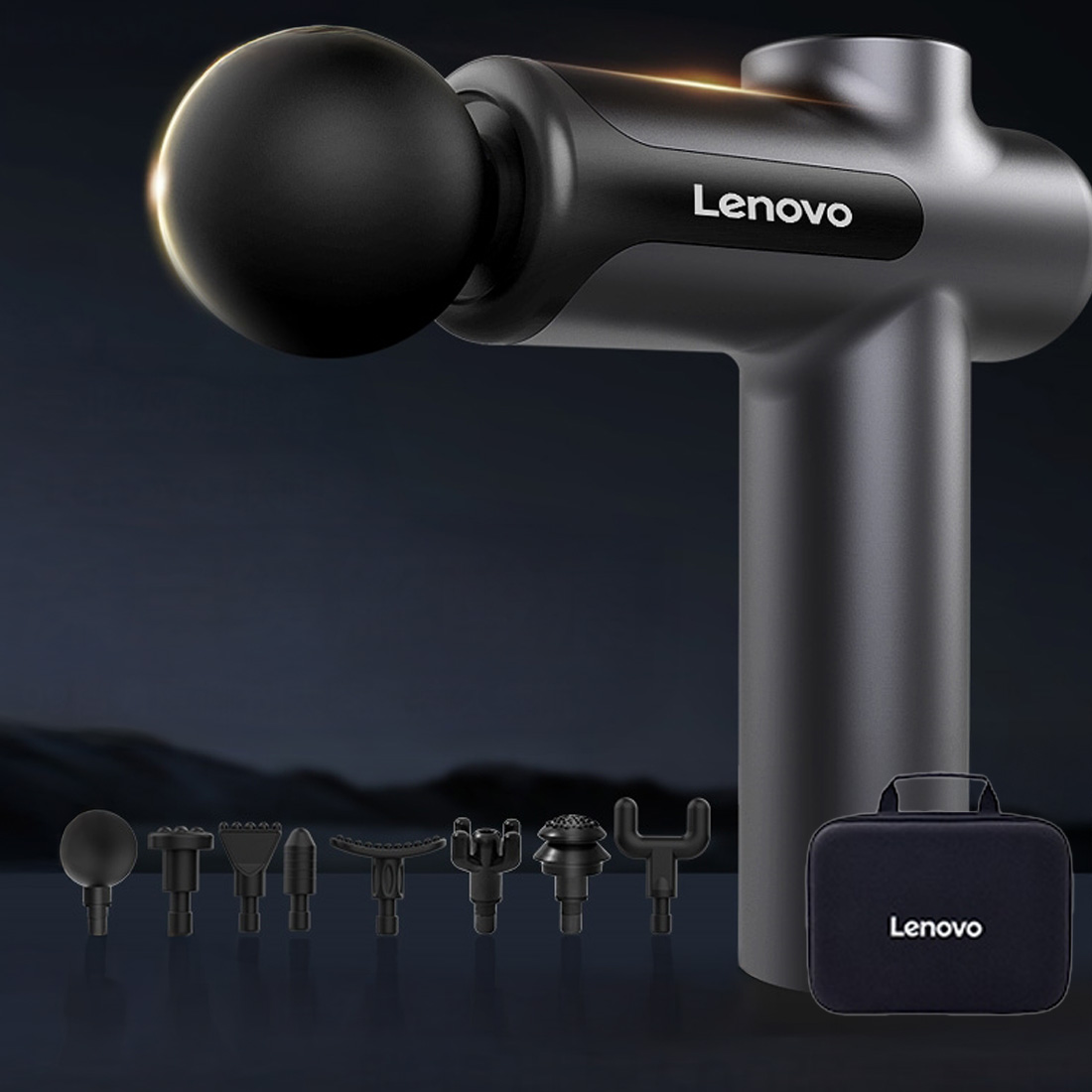 Siyah bir Lenovo masaj tabancası, çeşitli ataşmanlar ve bir taşıma çantası, hepsi koyu bir arka planda.