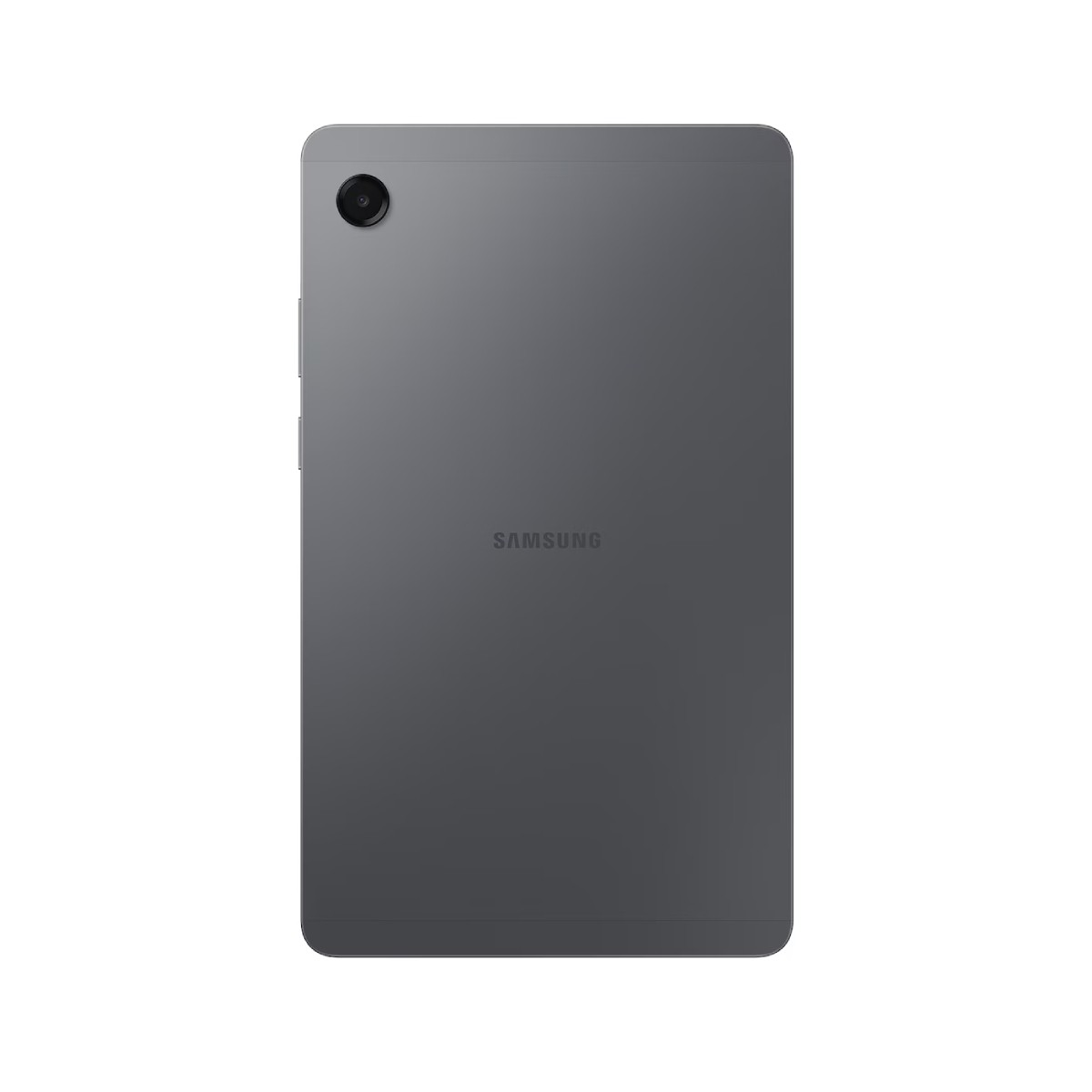 Rückseite eines grauen Samsung-Tablets. Samsung-Logo zentriert. Kamera oben links.