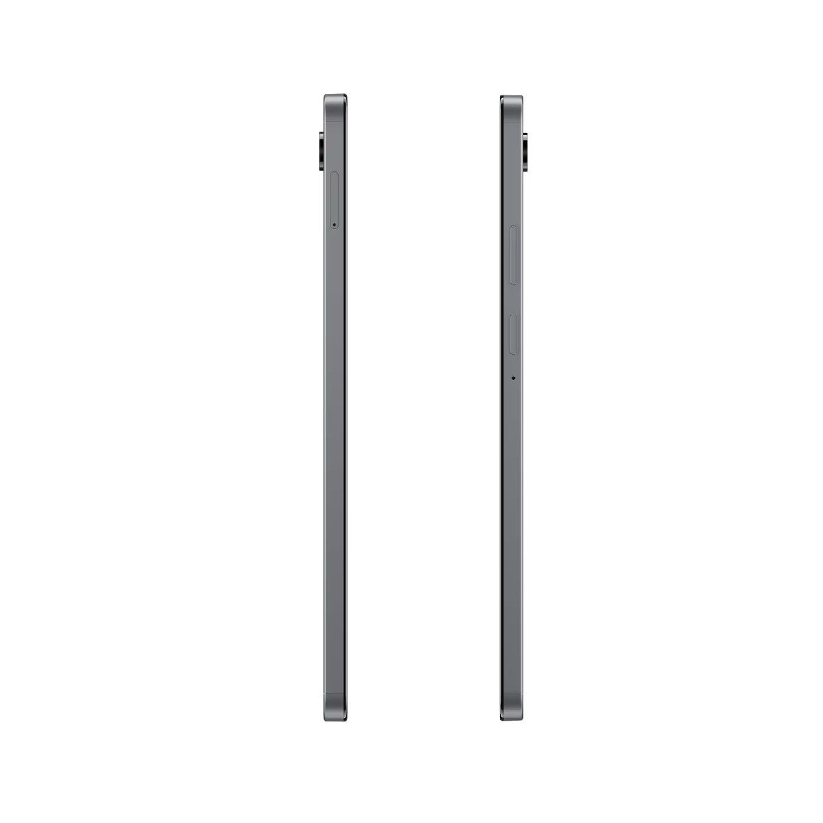 Zwei graue Tablets, Seitenansicht, auf weißem Hintergrund. Eines zeigt Knöpfe, das andere ist flach. Minimalistische Präsentation.