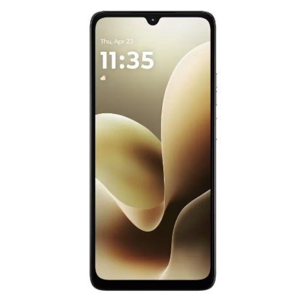 Een smartphone toont de tijd 11:35 op donderdag 23 april. Het scherm heeft een abstract, vloeiend ontwerp met bruintinten.