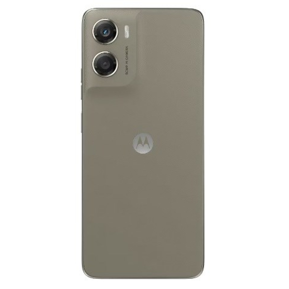 Achterkant van een grijze smartphone met twee cameralenzen, Motorola-logo en 50MP AI CAMERA-tekst.