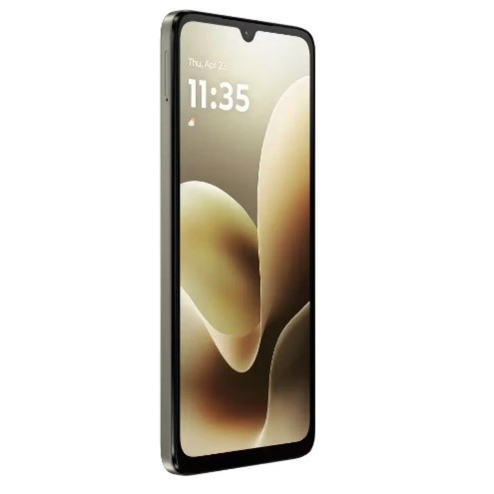 Een smartphone in profiel, met de tijd 11:35 en de datum. Het scherm heeft een lichtbruine gradiënt met abstracte vormen.