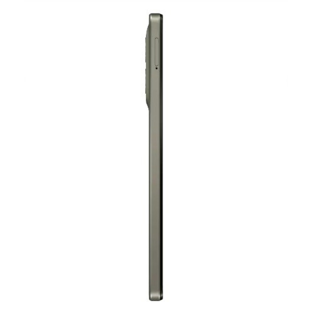 Zijaanzicht van een smartphone, olijfgroen van kleur, met een aan/uit-knop en volumeregelaar aan de zijkant.