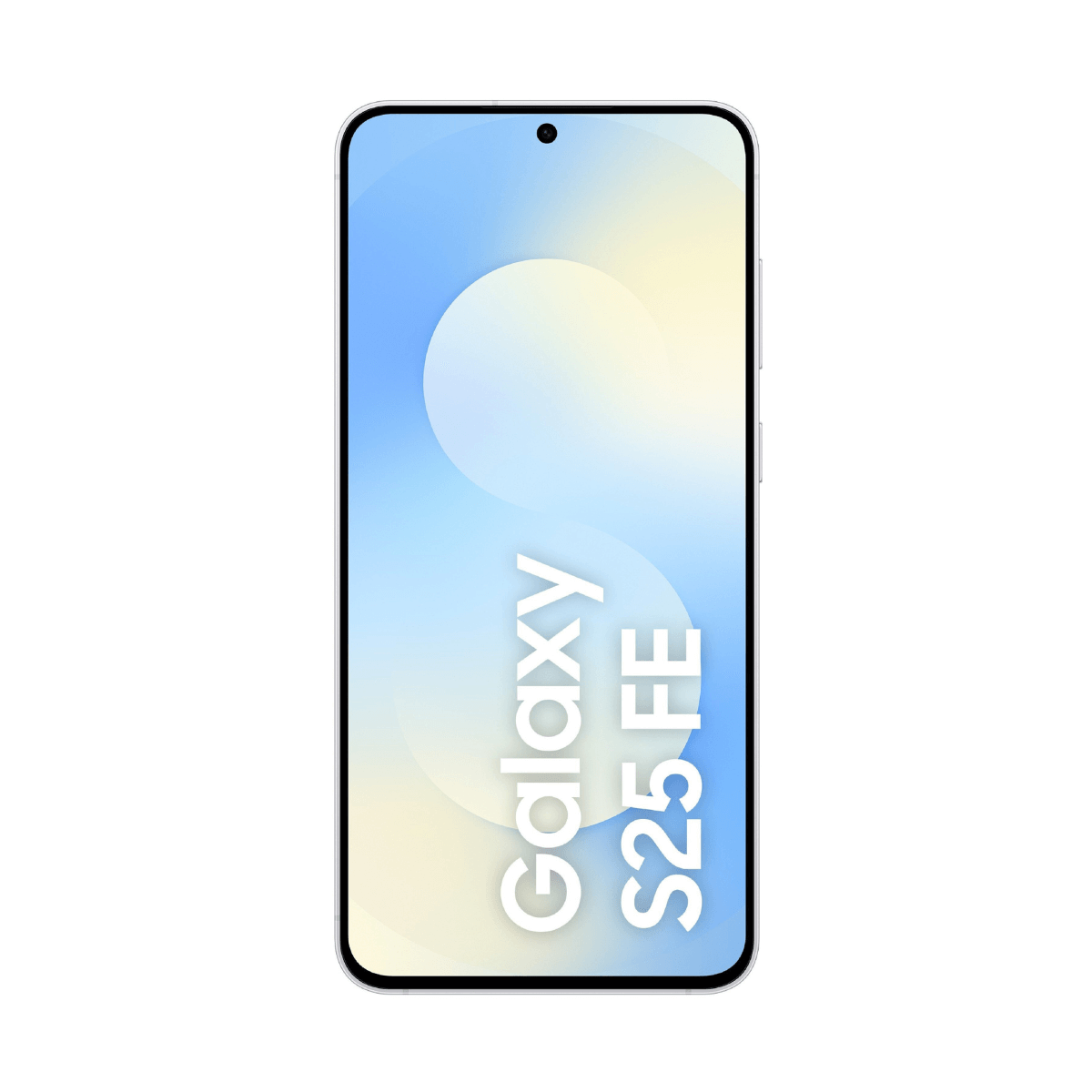Smartfon z ekranem wyświetlającym 'Galaxy S25 FE' na gradientowym niebiesko-żółtym tle, biała ramka.