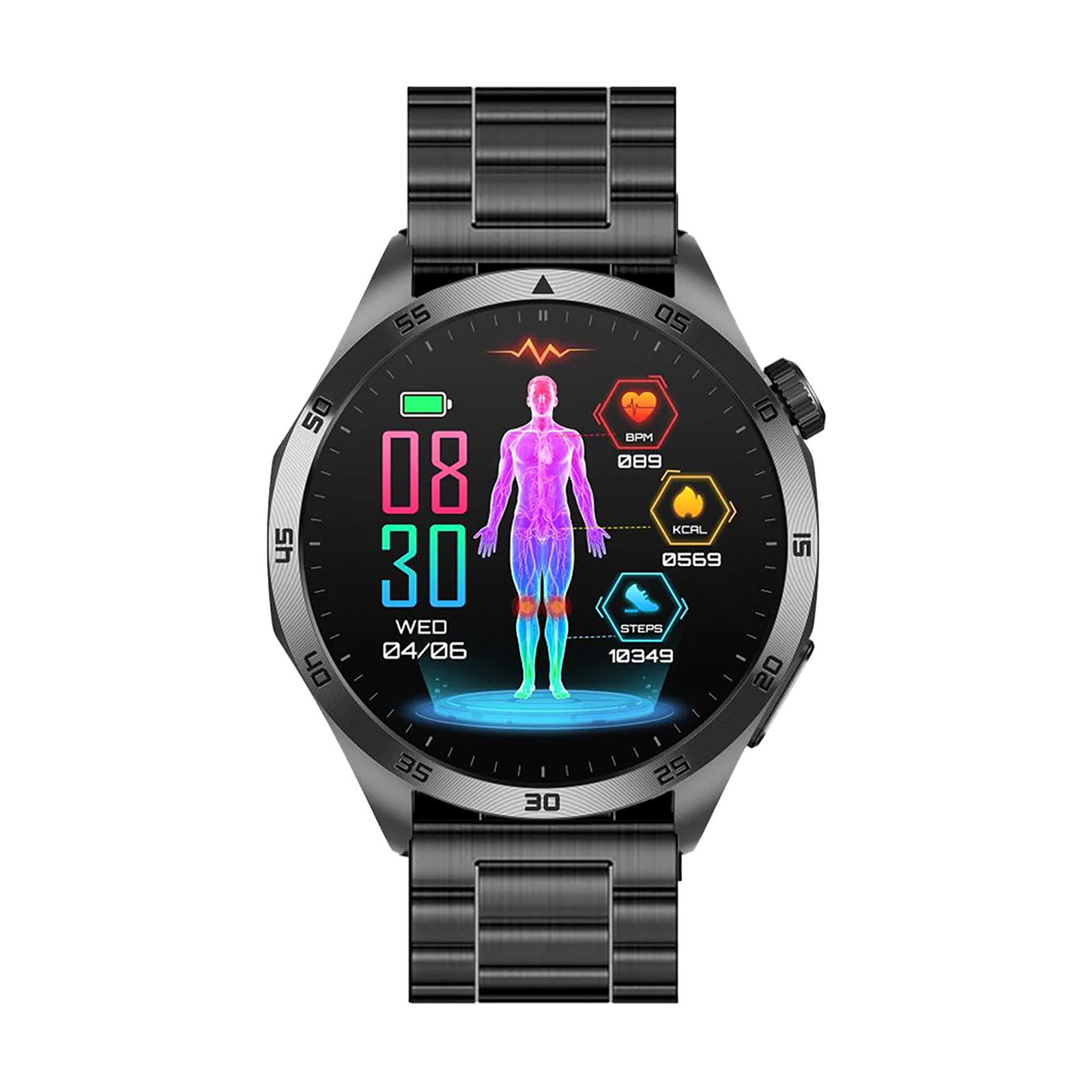 Eine Smartwatch zeigt Zeit, Gesundheitsmetriken und ein menschliches Körperdiagramm. Sie zeigt Herzfrequenz, Schritte und Kalorien an.