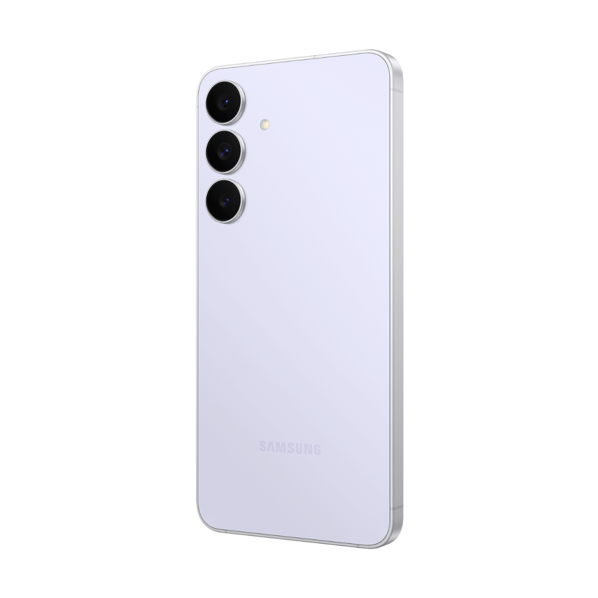Jasnofioletowy telefon Samsung z trzema obiektywami kamery pokazano pod kątem. Widoczne jest logo Samsung.