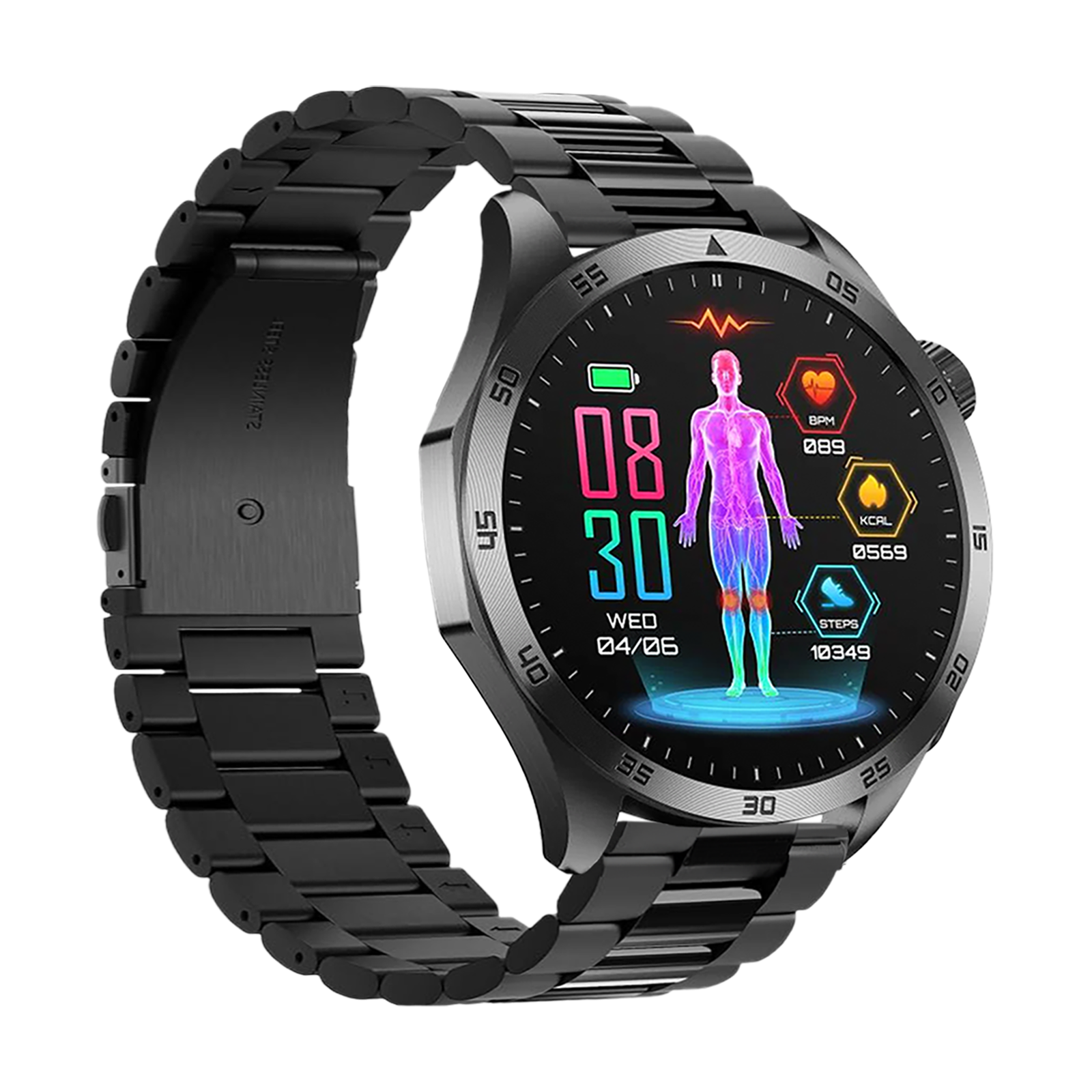 Eine schwarze Smartwatch zeigt Gesundheitsmetriken an. Zu den Funktionen gehören Zeit, Herzfrequenz, Schritte und Kalorienverbrauch, mit einer Grafik des menschlichen Körpers.