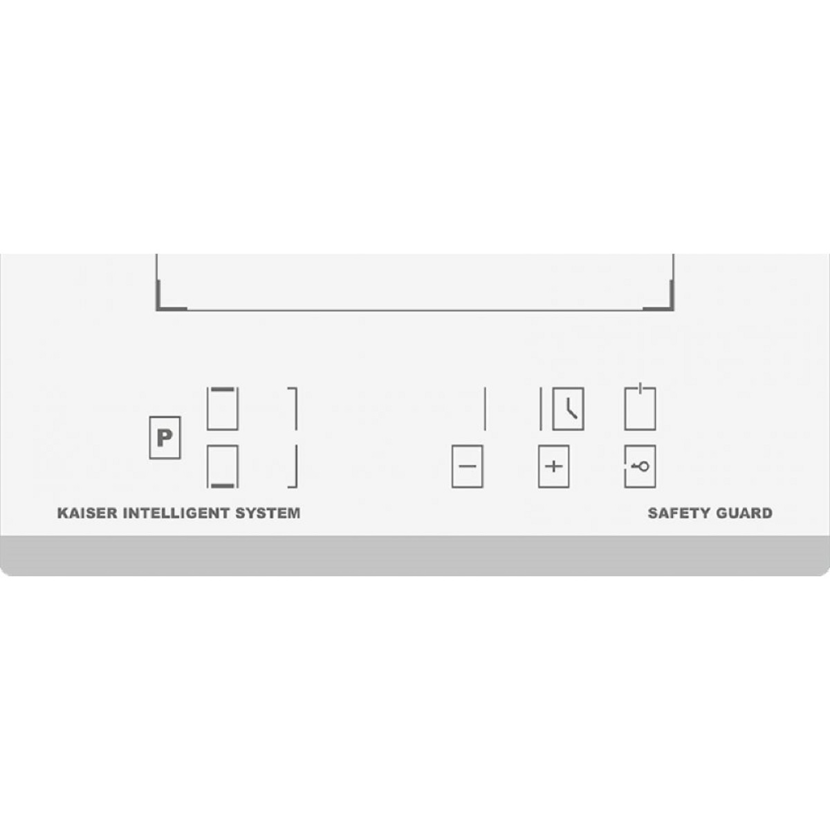 Panel de control blanco con botones y etiquetas: Kaiser Intelligent System, Safety Guard. Incluye símbolos de encendido y configuración.