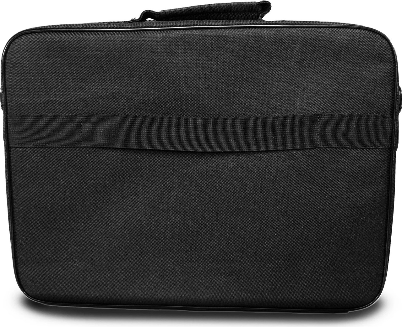 Una borsa nera rettangolare con manico in alto e cinturino al centro. La borsa è su sfondo bianco.