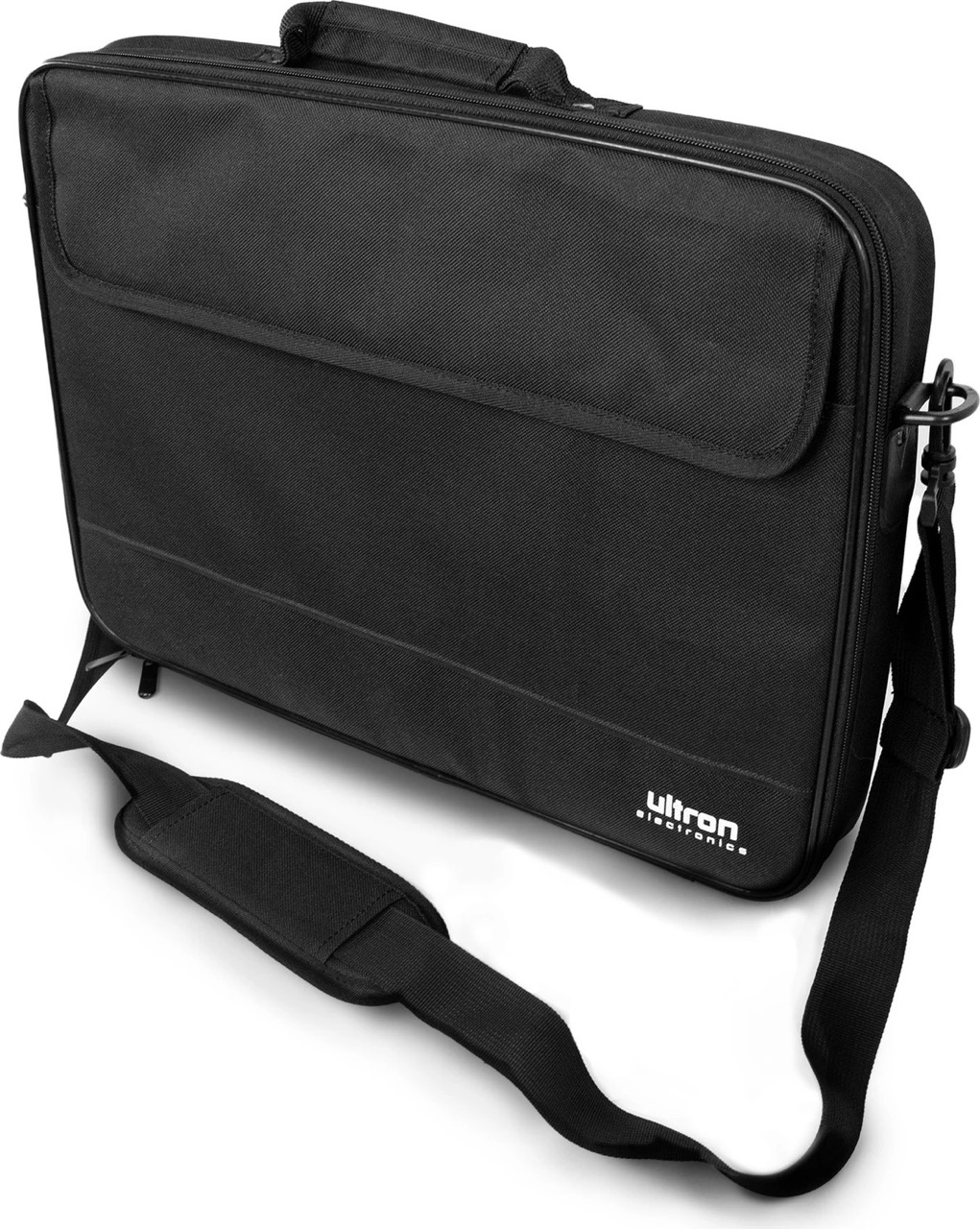 Una borsa nera per laptop Ultron electronics con tracolla. La borsa è su una superficie bianca.