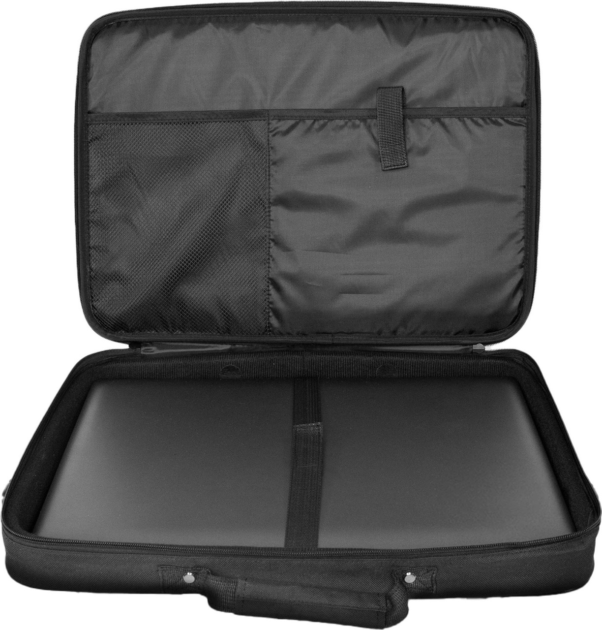 Borsa nera aperta per laptop con più scomparti. All'interno è visibile un laptop. La borsa è su sfondo bianco.