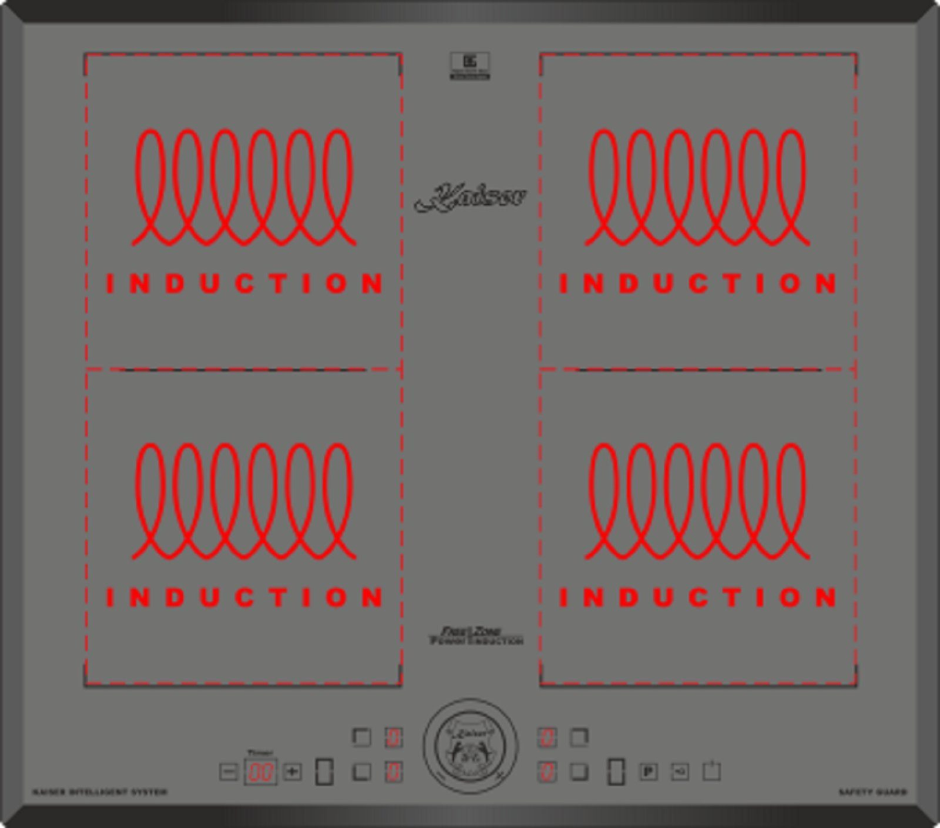 Una placa de inducción gris con cuatro zonas de cocción. Cada zona tiene un diseño de bobina roja y la palabra 'INDUCCIÓN'. La marca es visible.