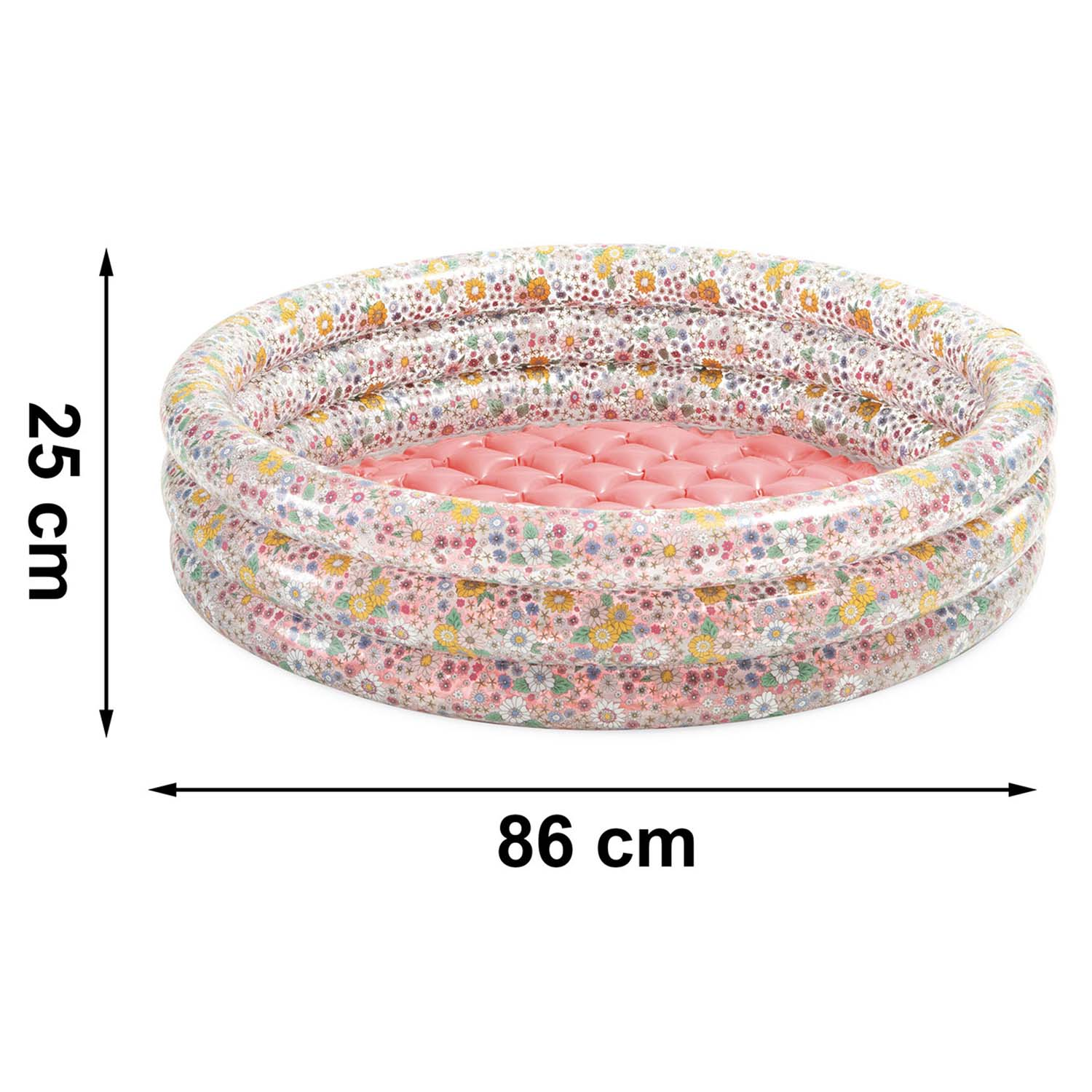 Basen dmuchany, kwiatowy nadruk po bokach, różowa podstawa, wymiary 86cm na 25cm.