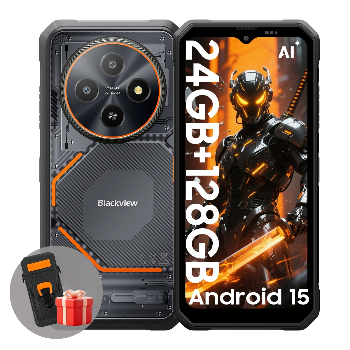 Teléfono resistente Blackview con diseño futurista. Características: pantalla grande, múltiples cámaras y una caja de regalo.