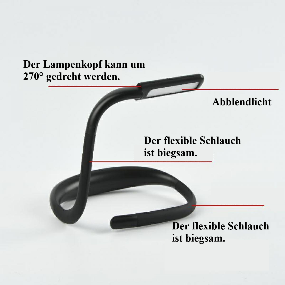 Eine schwarze, flexible Schwanenhals-LED-Lampe. Der Lampenkopf ist rechteckig. Text beschreibt Drehung und Flexibilität.