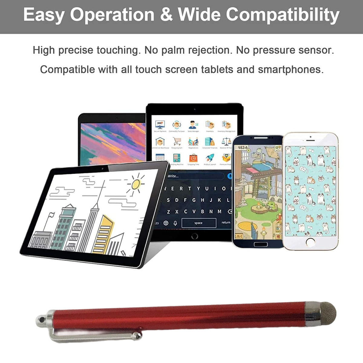 Ein roter Stift liegt unter mehreren Tablets und Smartphones. Die Bildschirme zeigen verschiedene Apps und eine Tastatur.