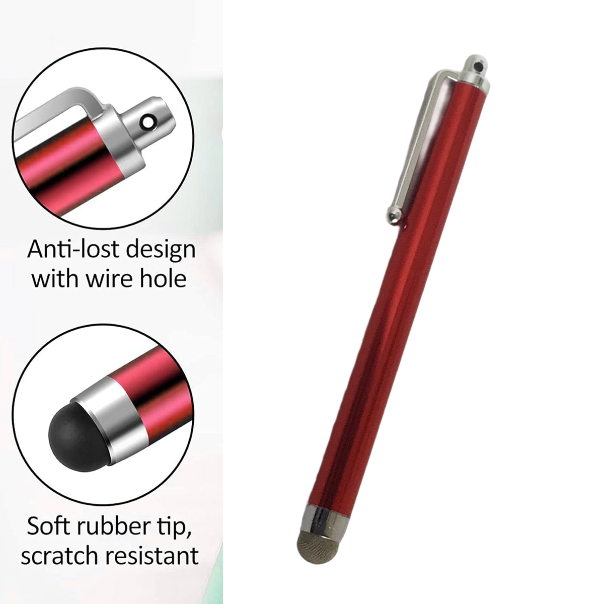 Roter Stift mit silbernem Clip. Details zeigen Anti-Verlust-Design und eine weiche Gummi-Spitze. Text links. Weißer Hintergrund.
