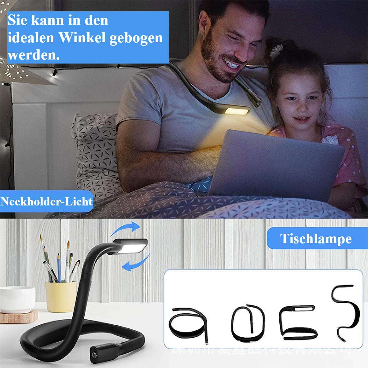 Ein Mann und ein Mädchen benutzen einen Laptop. Ein flexibles Nackenlicht ist um den Hals des Mannes. Eine Tischlampe ist ebenfalls abgebildet.
