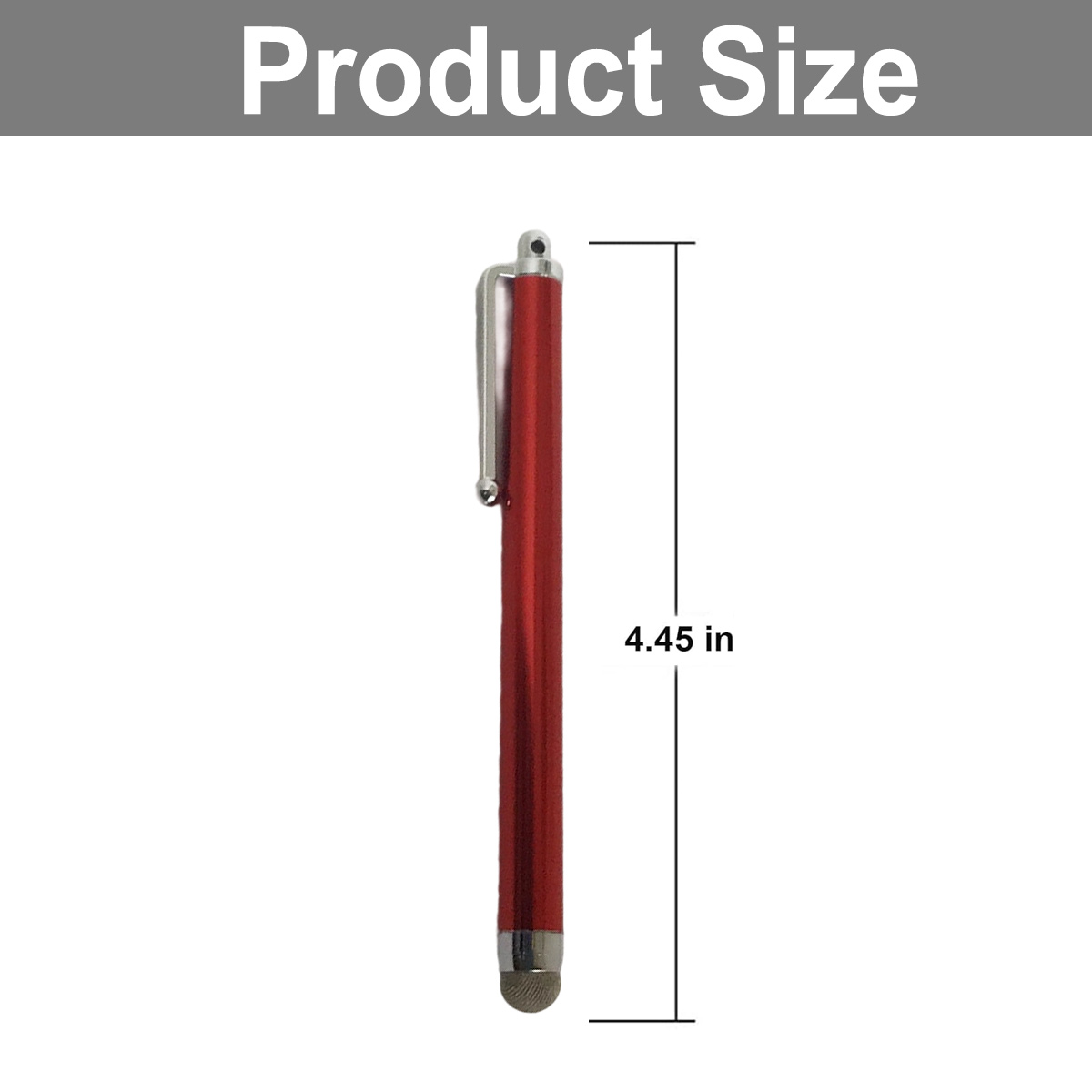 Ein roter Stylus-Stift mit silbernem Clip wird gezeigt. Der Stift ist 4,45 Zoll lang. Der Hintergrund ist weiß mit einem grauen Header.
