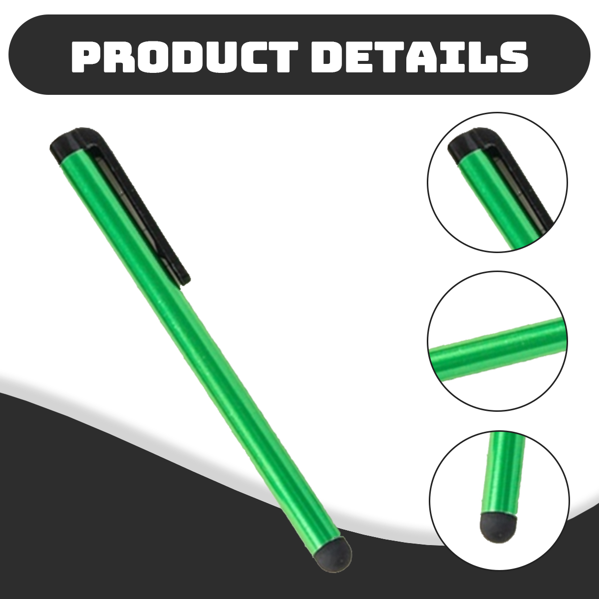 Grüner Stift mit schwarzer Spitze und Clip. Drei Nahaufnahmen zeigen Details. Produktdetails-Text oben.