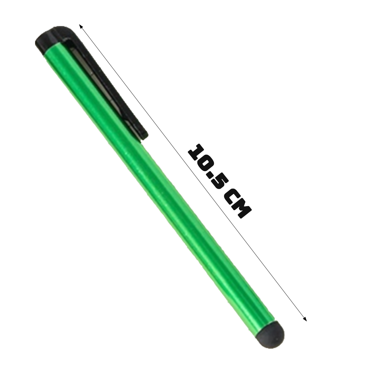 Ein grüner Stift, 10,5 cm lang, mit schwarzem Clip und Spitze. Der Hintergrund ist weiß.