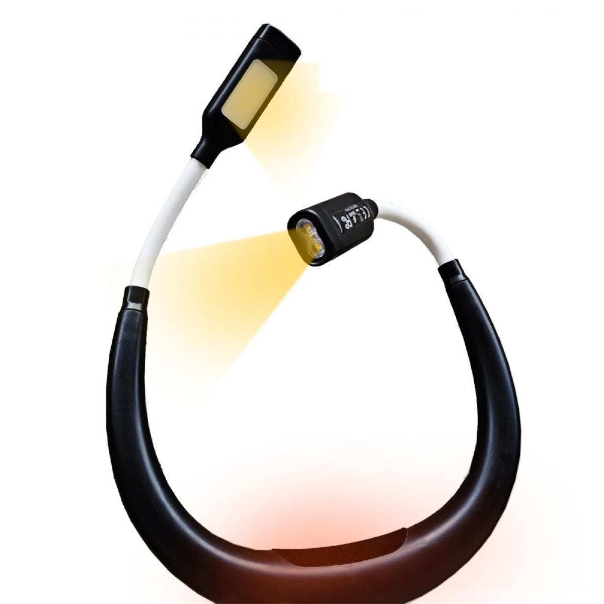 Eine flexible Nackenleuchte mit zwei Lampen. Eine ist rechteckig, die andere rund. Beide sind schwarz-weiß mit gelbem Licht.