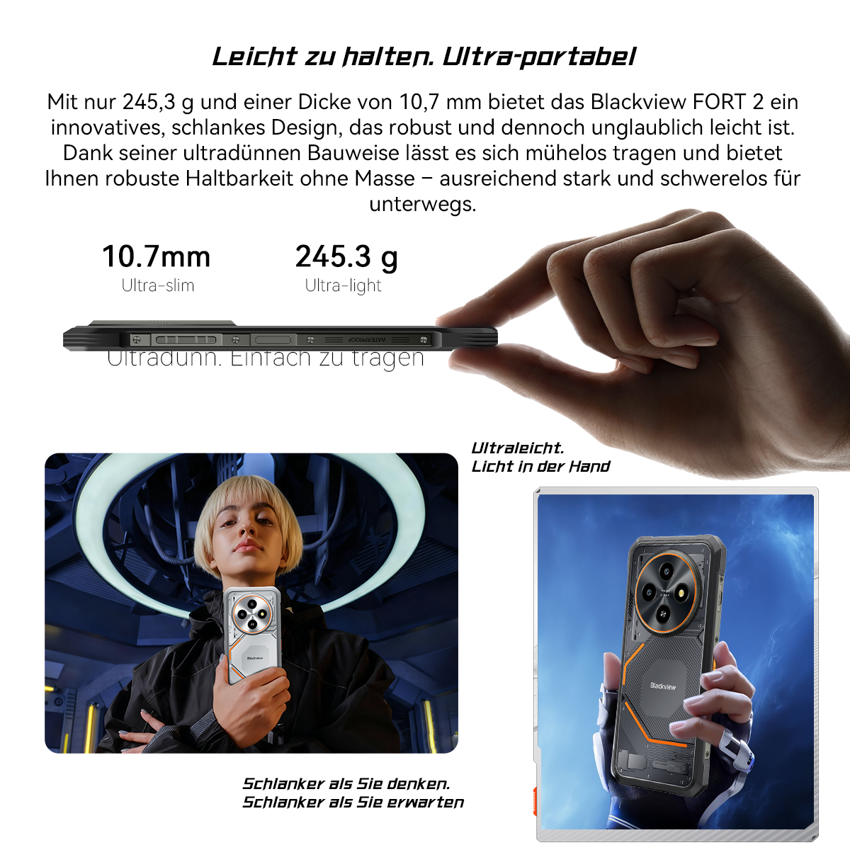 Eine Person hält ein Telefon und zeigt sein schlankes Design und sein geringes Gewicht. Text hebt seine Eigenschaften hervor. Ein anderes Bild zeigt die Rückseite.