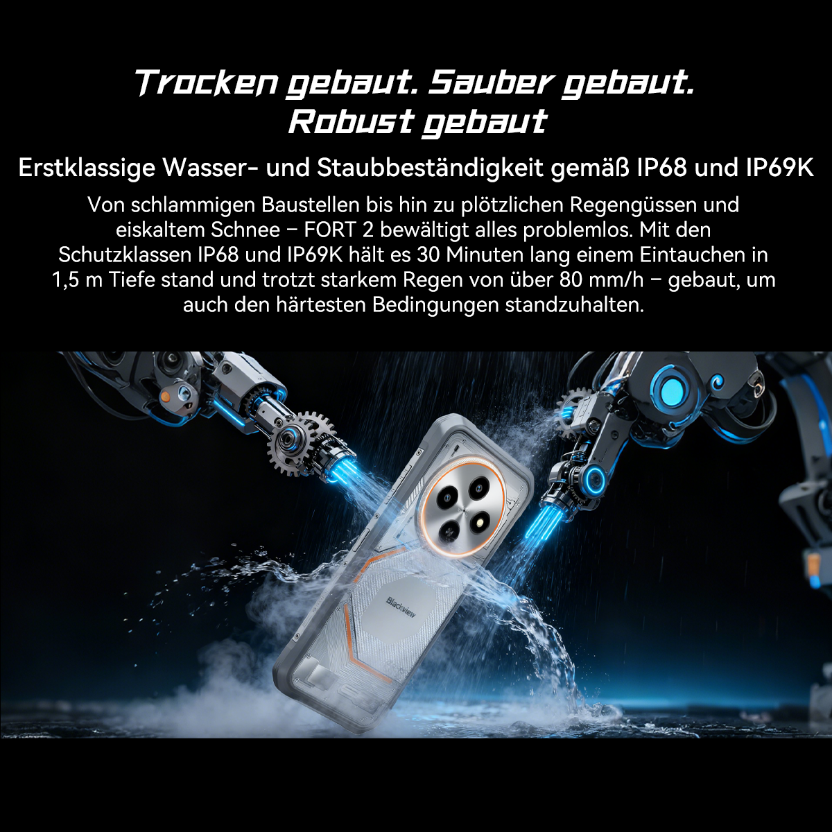 Ein Telefon wird von Roboterarmen mit Wasser getestet. Das Telefon befindet sich in einer Schutzhülle.