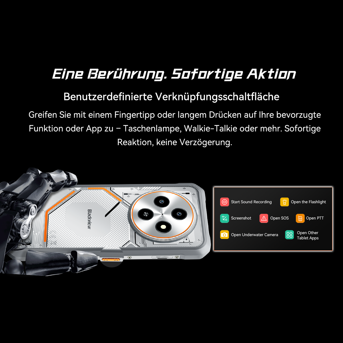 Ein Telefon mit einzigartigem Design. Text bewirbt anpassbare Verknüpfungen, wie Tonaufnahme und Taschenlampe. Schwarzer Hintergrund.