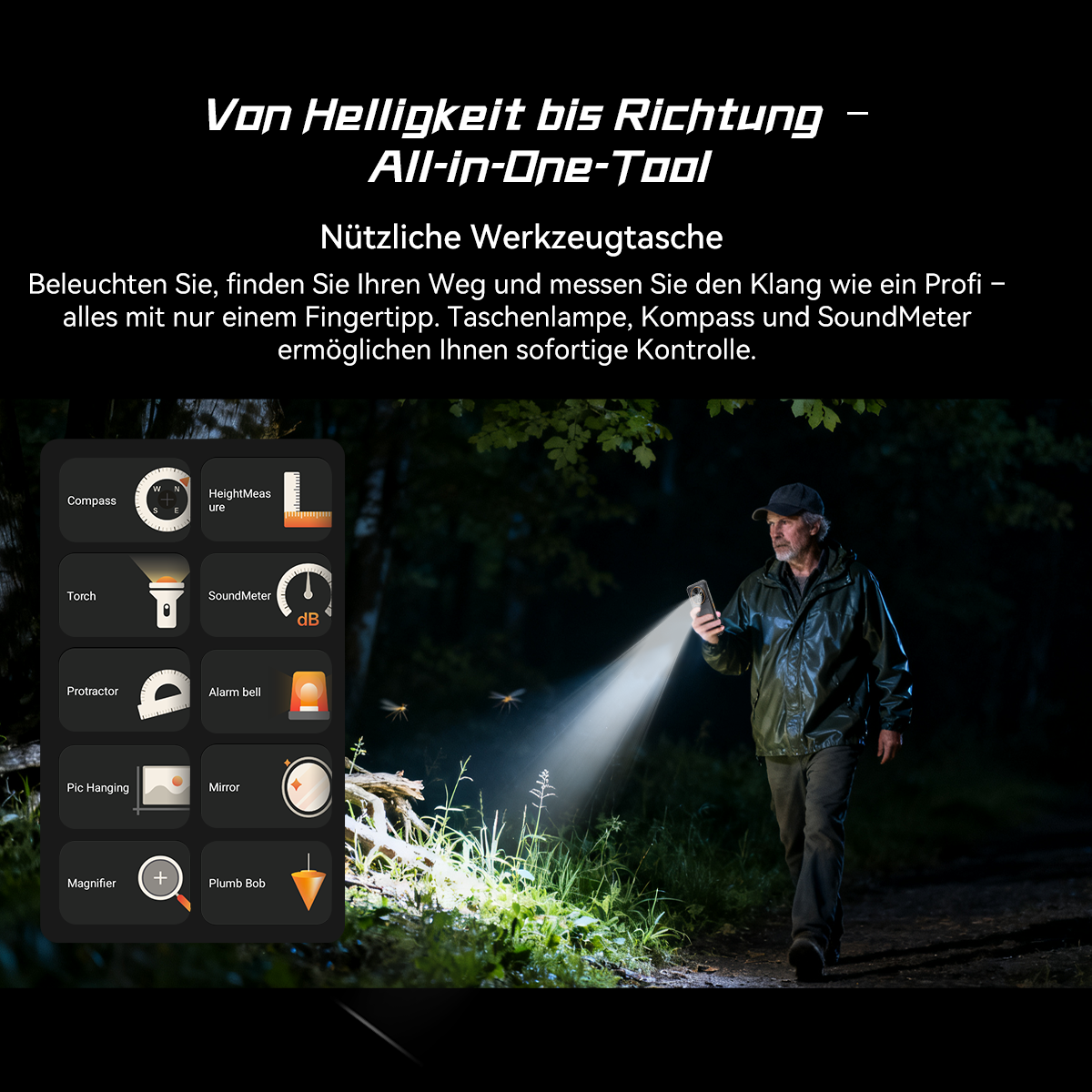 Mann geht nachts und benutzt ein Handy mit Taschenlampe. Werkzeugsymbole: Kompass, Taschenlampe, Schallpegelmesser, Spiegel usw. Text auf Deutsch.