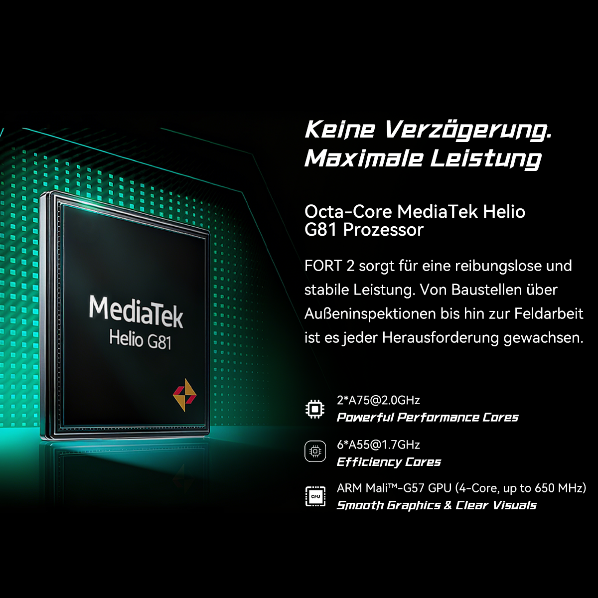 Das Bild zeigt den MediaTek Helio G81 Prozessor. Text hebt Funktionen wie Performance-Kerne und Grafik hervor.
