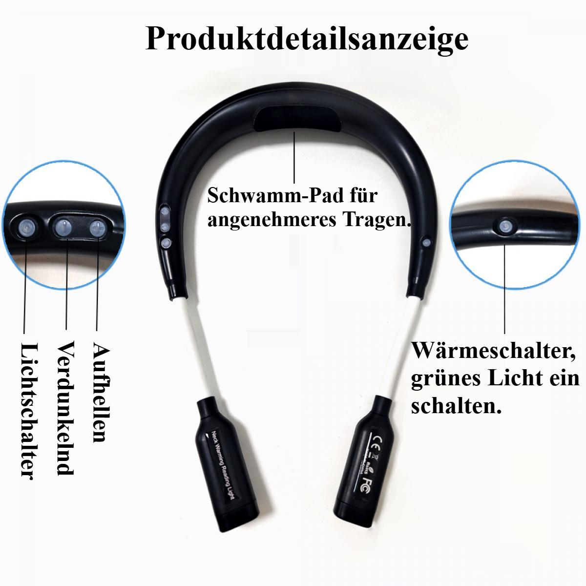 Schwarzes Nackenband mit Knöpfen und Etiketten. Funktionen umfassen Licht-, Dimm- und Wärmeregelung. Weiße Stiele mit schwarzen Enden.