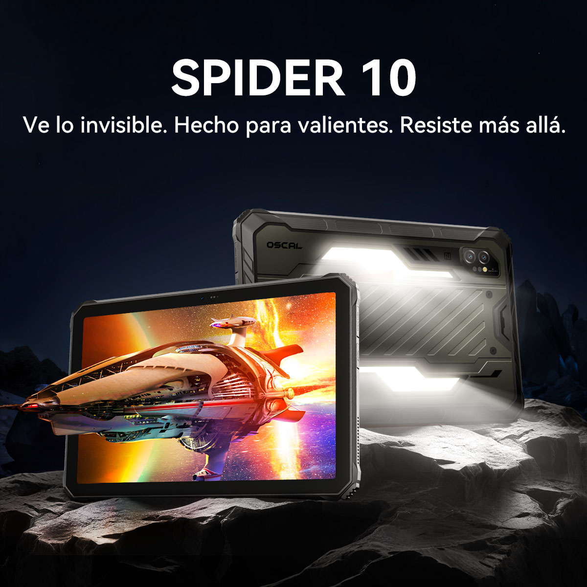 Una tableta con una imagen de nave espacial está sobre una superficie rocosa. Hay otra tableta detrás. El texto "SPIDER 10" está en la parte superior.