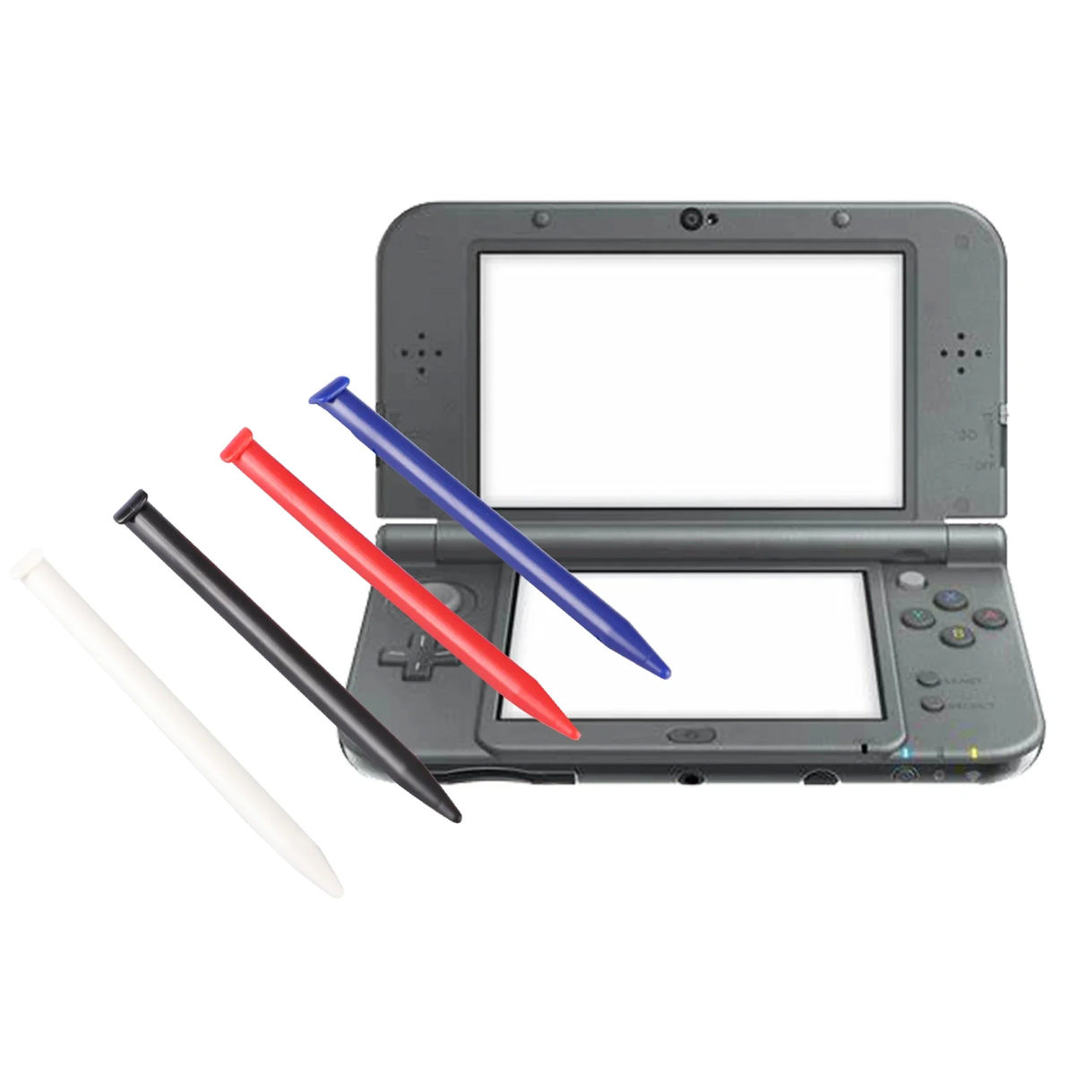Ein graues Nintendo 3DS ist geöffnet. Vier Stifte (weiß, schwarz, rot, blau) sind davor. Der Bildschirm ist weiß.