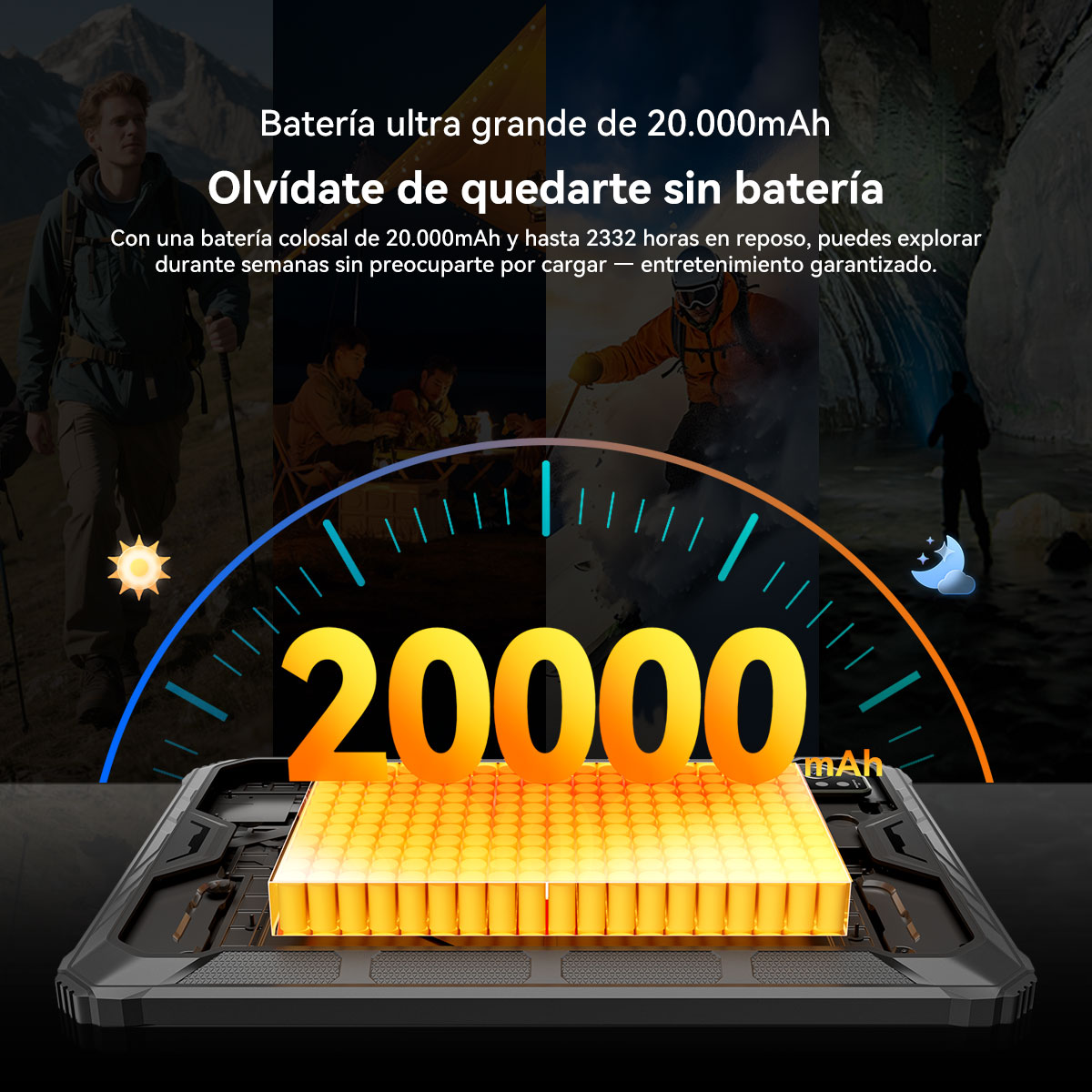 La imagen muestra una batería con el número 20000. También muestra gente caminando, esquiando y acampando, con iconos de sol y luna.