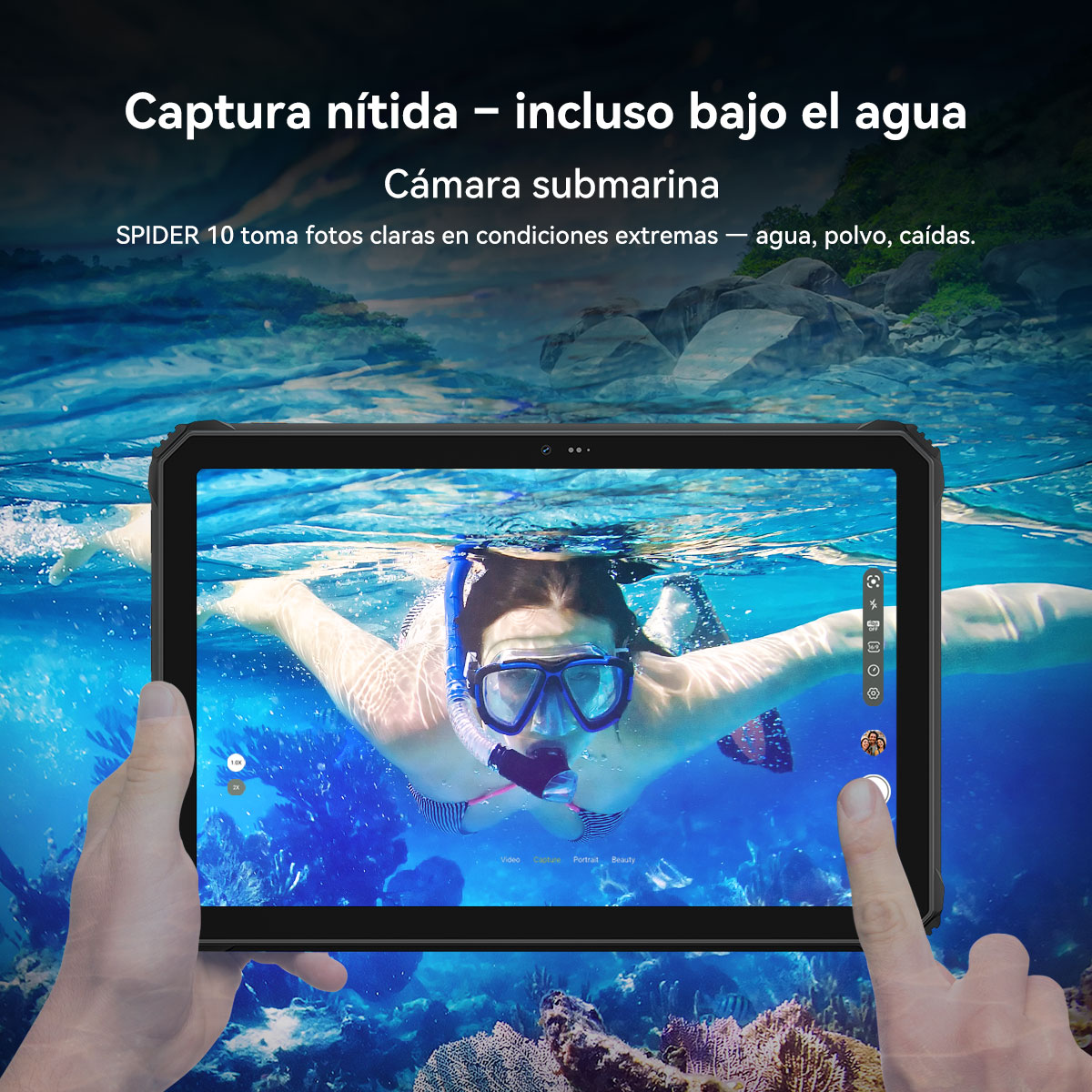 Una tableta muestra a una mujer buceando bajo el agua. Manos sostienen la tableta. El texto superior dice 'Cámara subacuática' y 'Capturar fotos claras'.