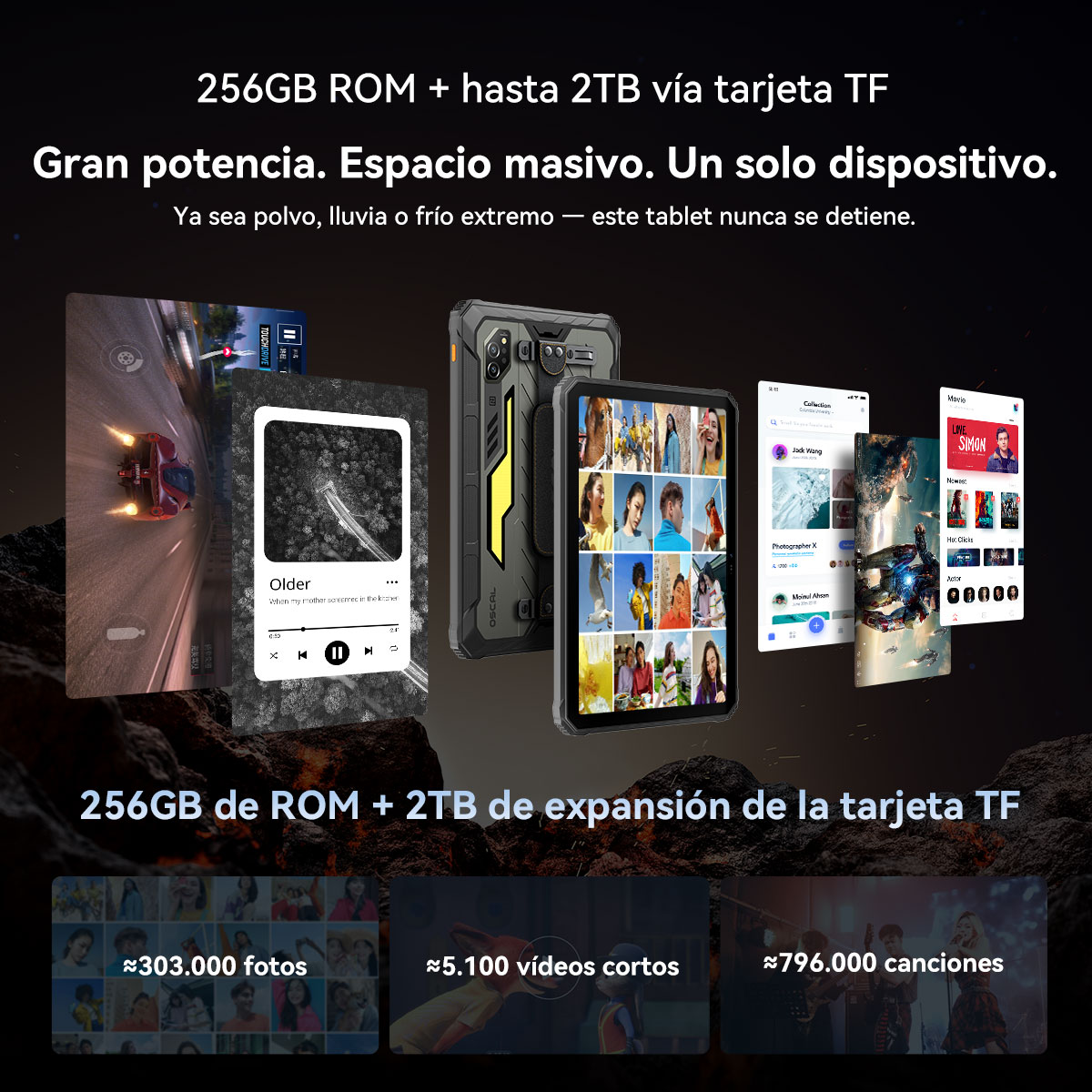 Una tableta con múltiples aplicaciones, texto sobre almacenamiento e imágenes de fotos, videos y canciones.