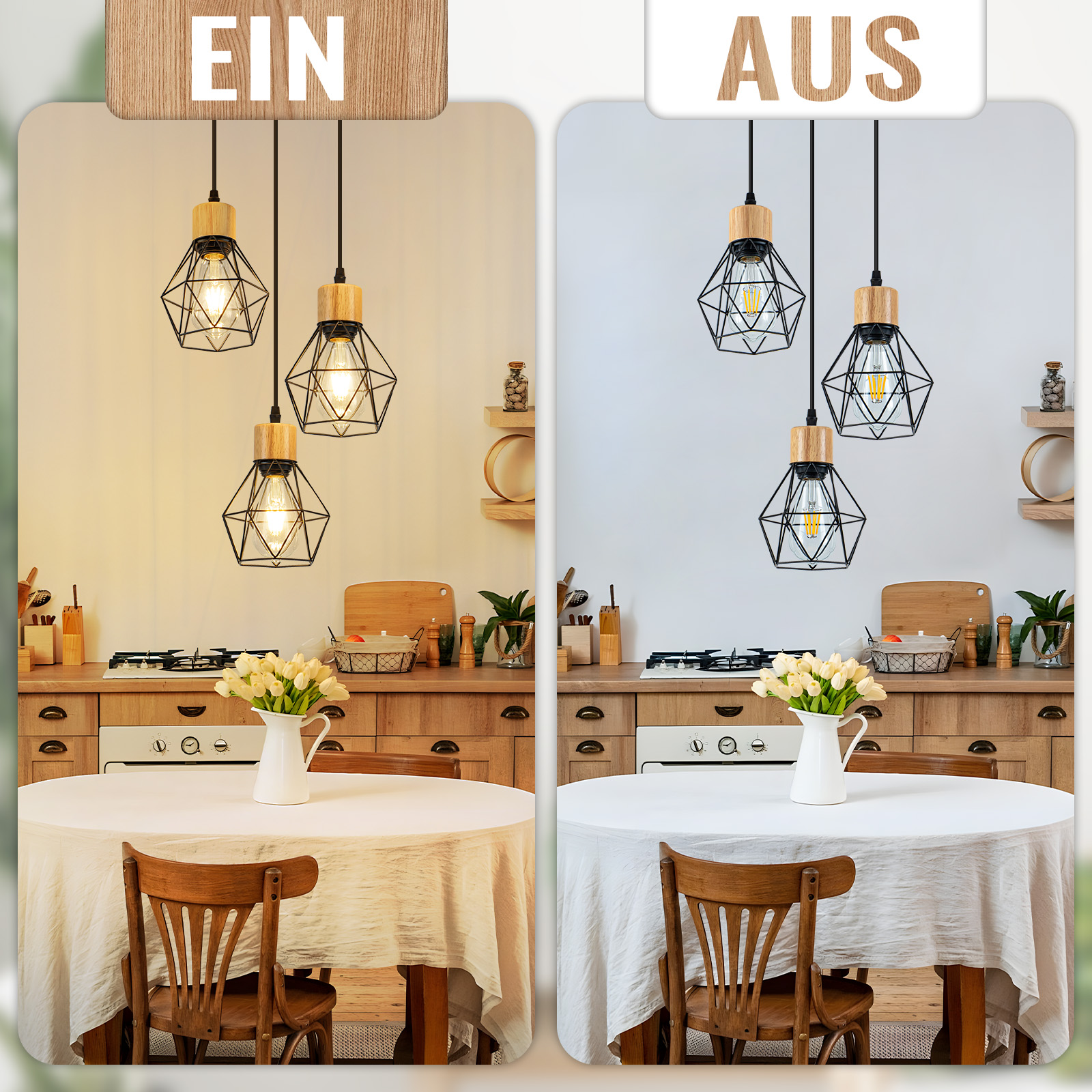 Escena de cocina con lámparas colgantes. Mesa con flores y silla. Armarios y electrodomésticos al fondo.