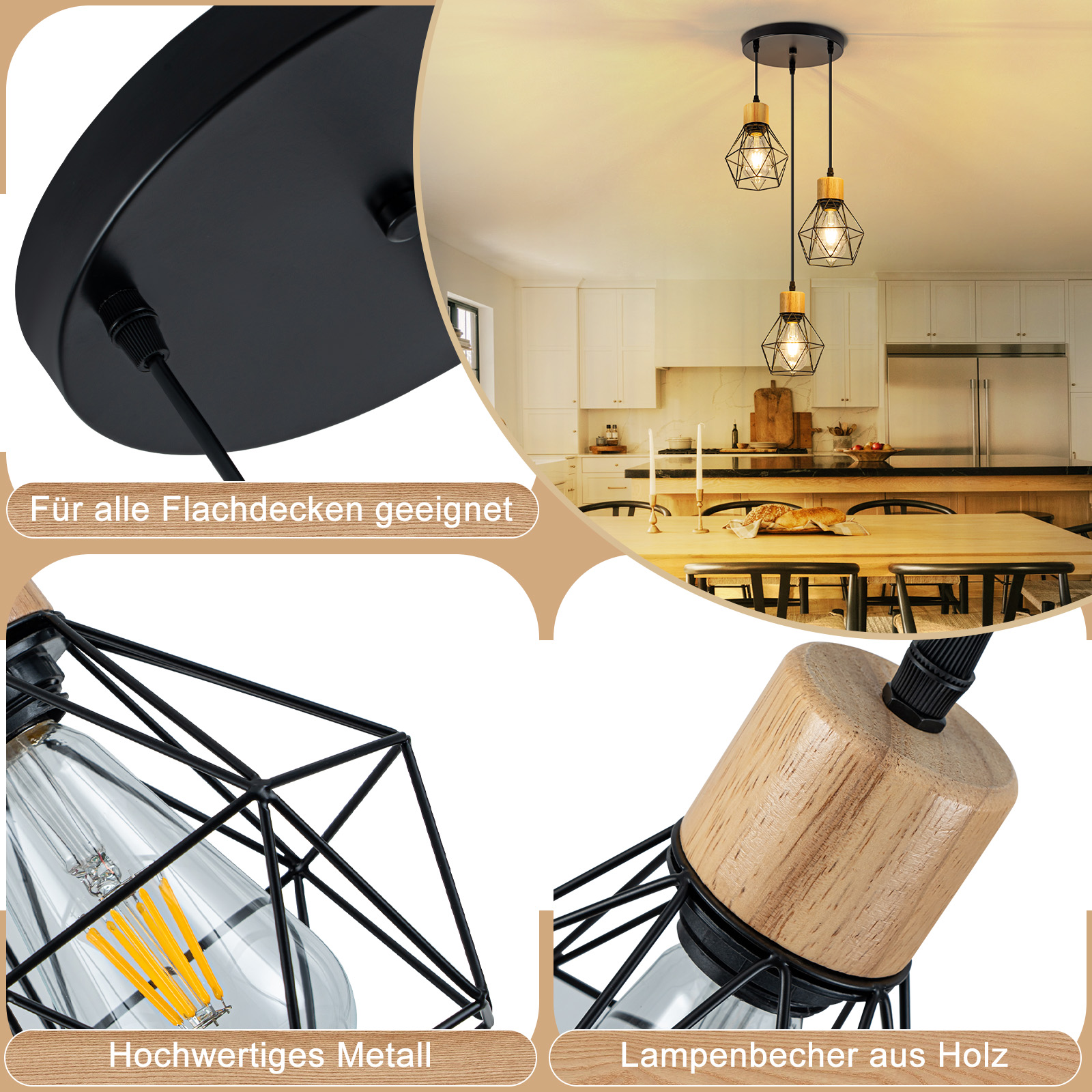 Lámparas colgantes de metal negro y madera en una cocina. Las lámparas tienen pantallas geométricas y bases de madera. Cocina en el fondo.